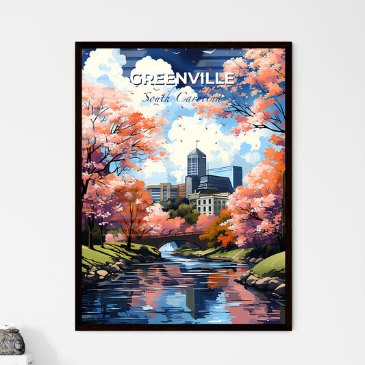 Greenville, South Carolina, A Poster of a river with pink trees and a bridge in the background Default Title