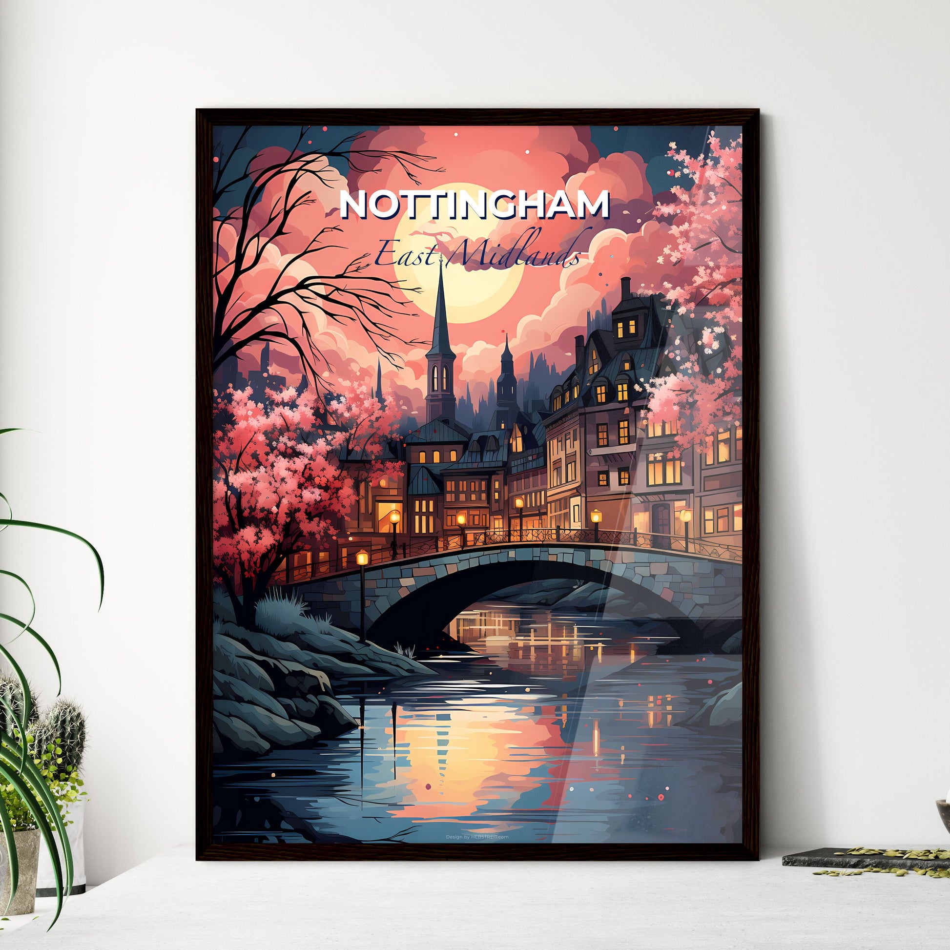 Nottingham, East Midlands, A Poster of a bridge over a river with trees and buildings Default Title