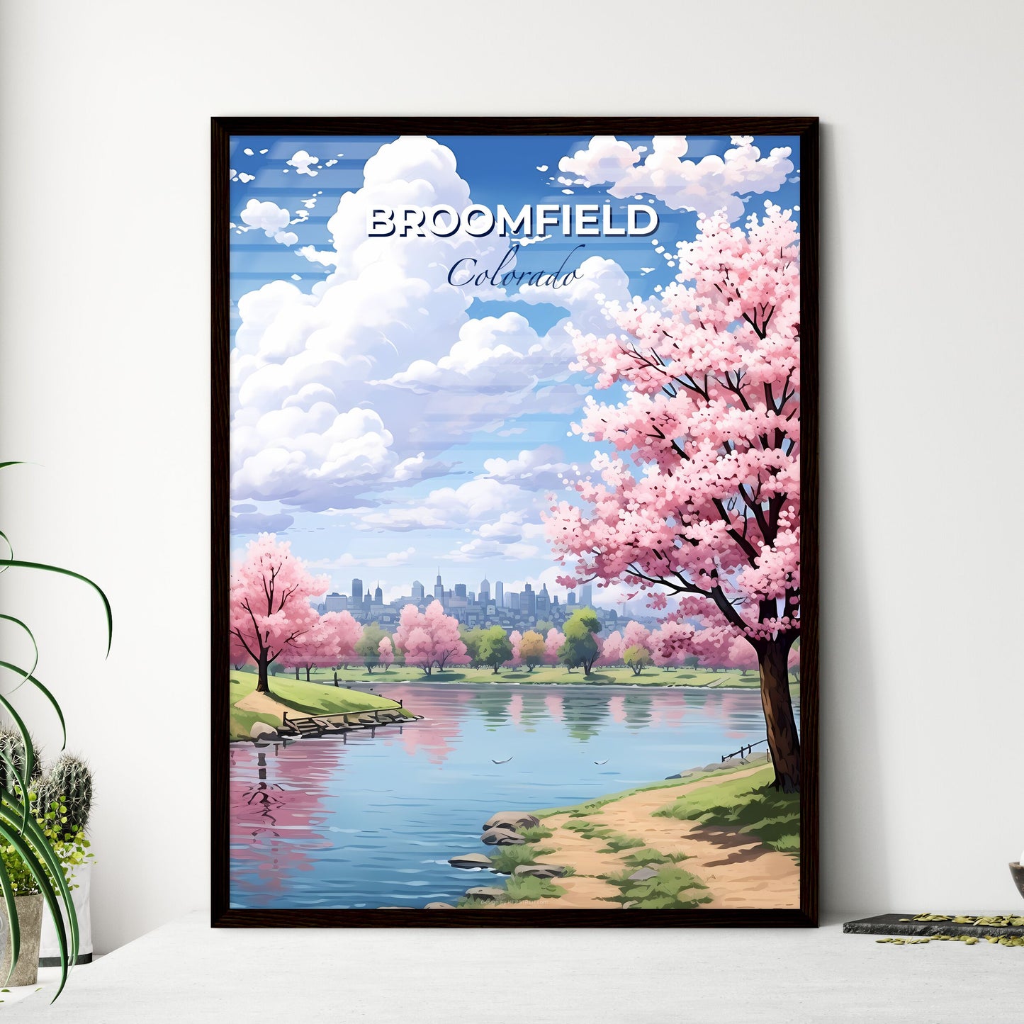 Broomfield, Colorado, A Poster of a river with pink trees and a city in the background Default Title