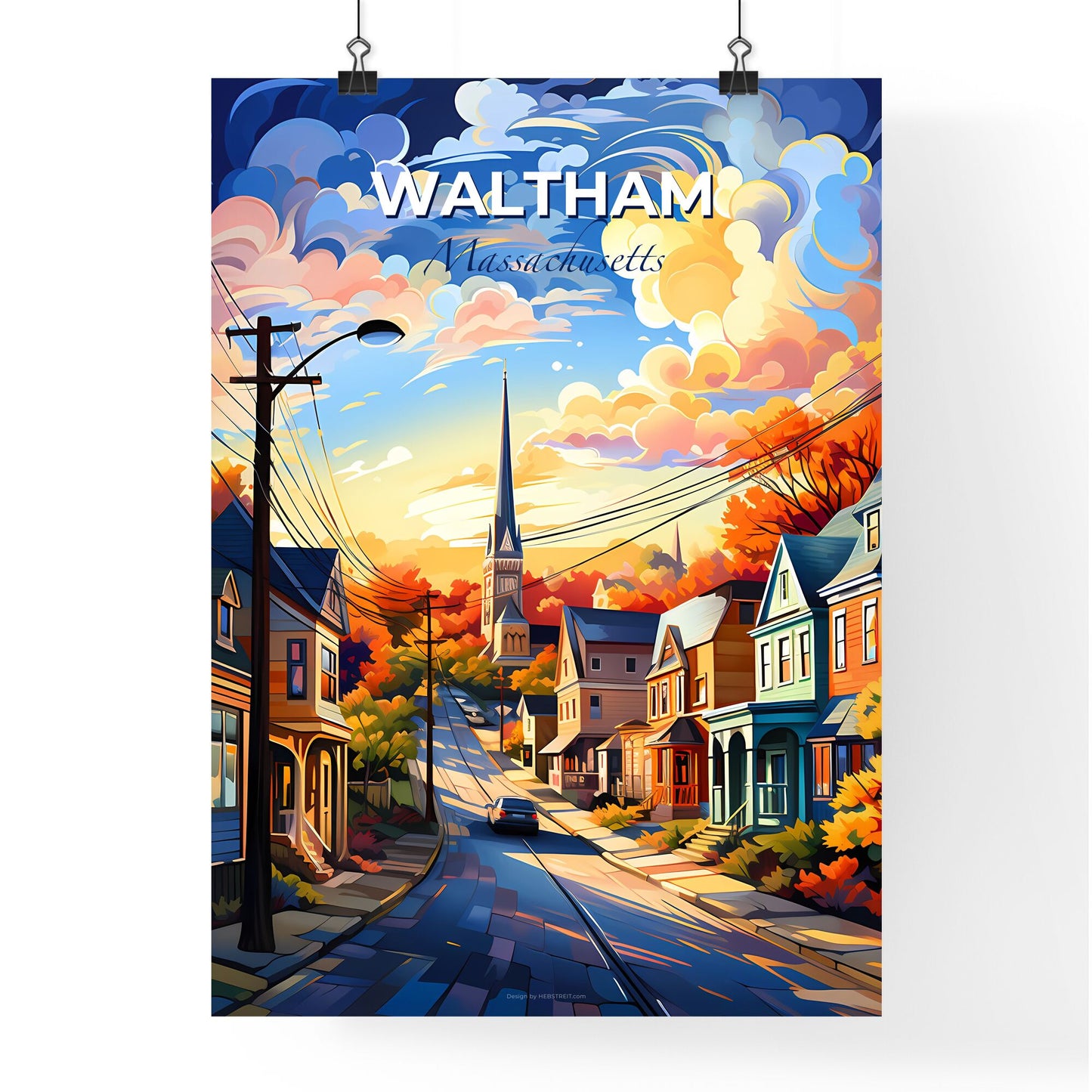 Waltham, Massachusetts, A Poster of a street with houses and a church in the background Default Title