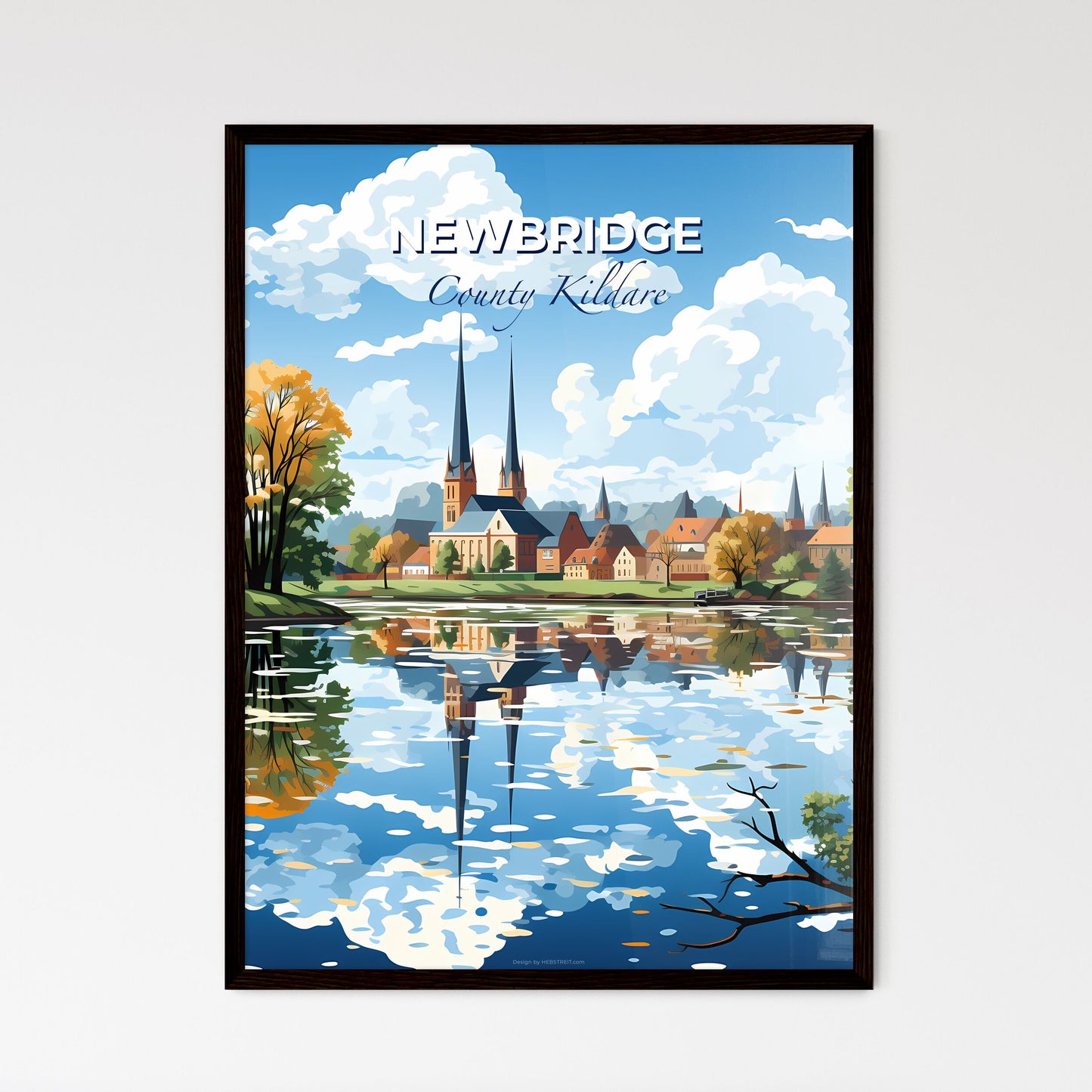 Newbridge, County Kildare, A Poster of a water view of a town with trees and a church Default Title