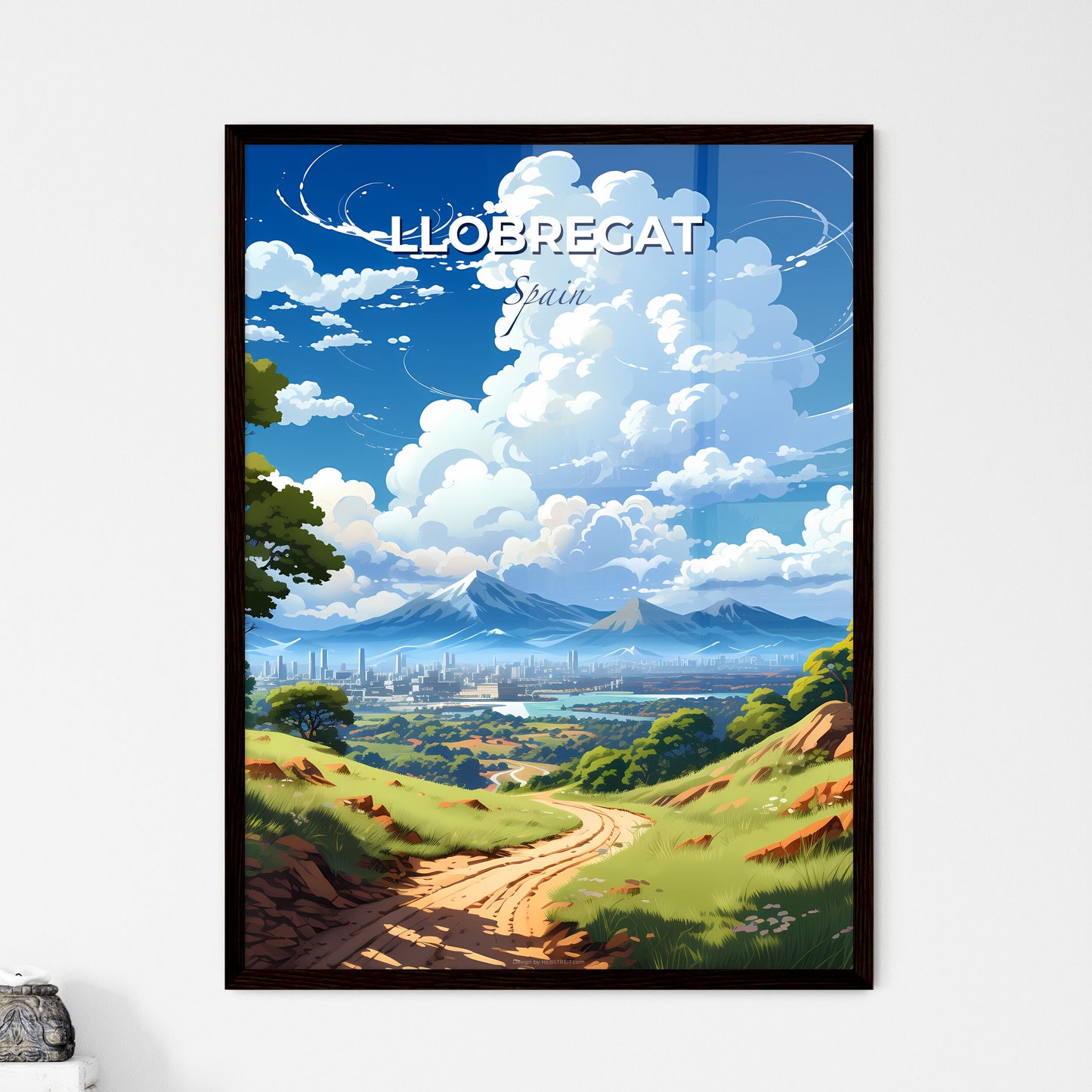 Llobregat, Spain, A Poster of a landscape of a city with mountains and trees Default Title
