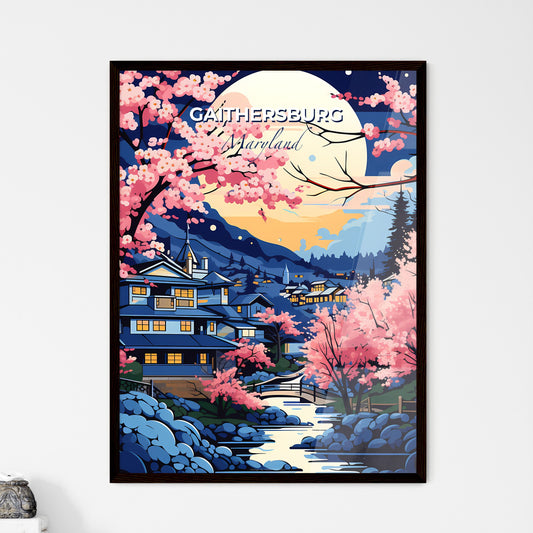 Gaithersburg, Maryland, A Poster of a painting of a house and a river with pink flowers Default Title