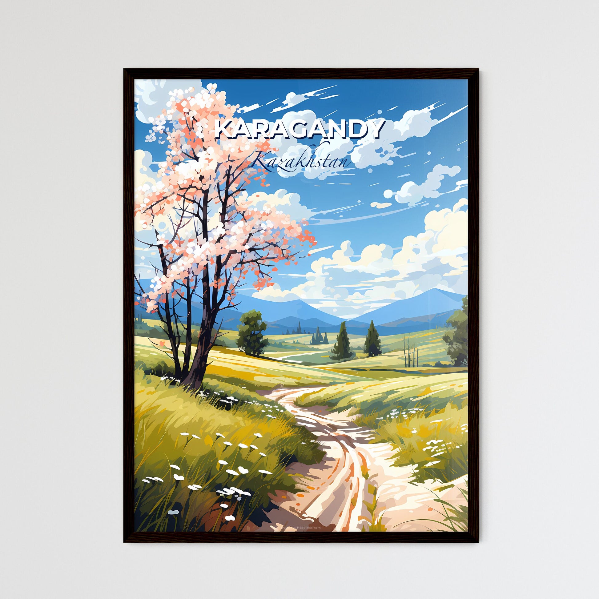 Karagandy, Kazakhstan, A Poster of a dirt road through a field with trees and mountains Default Title