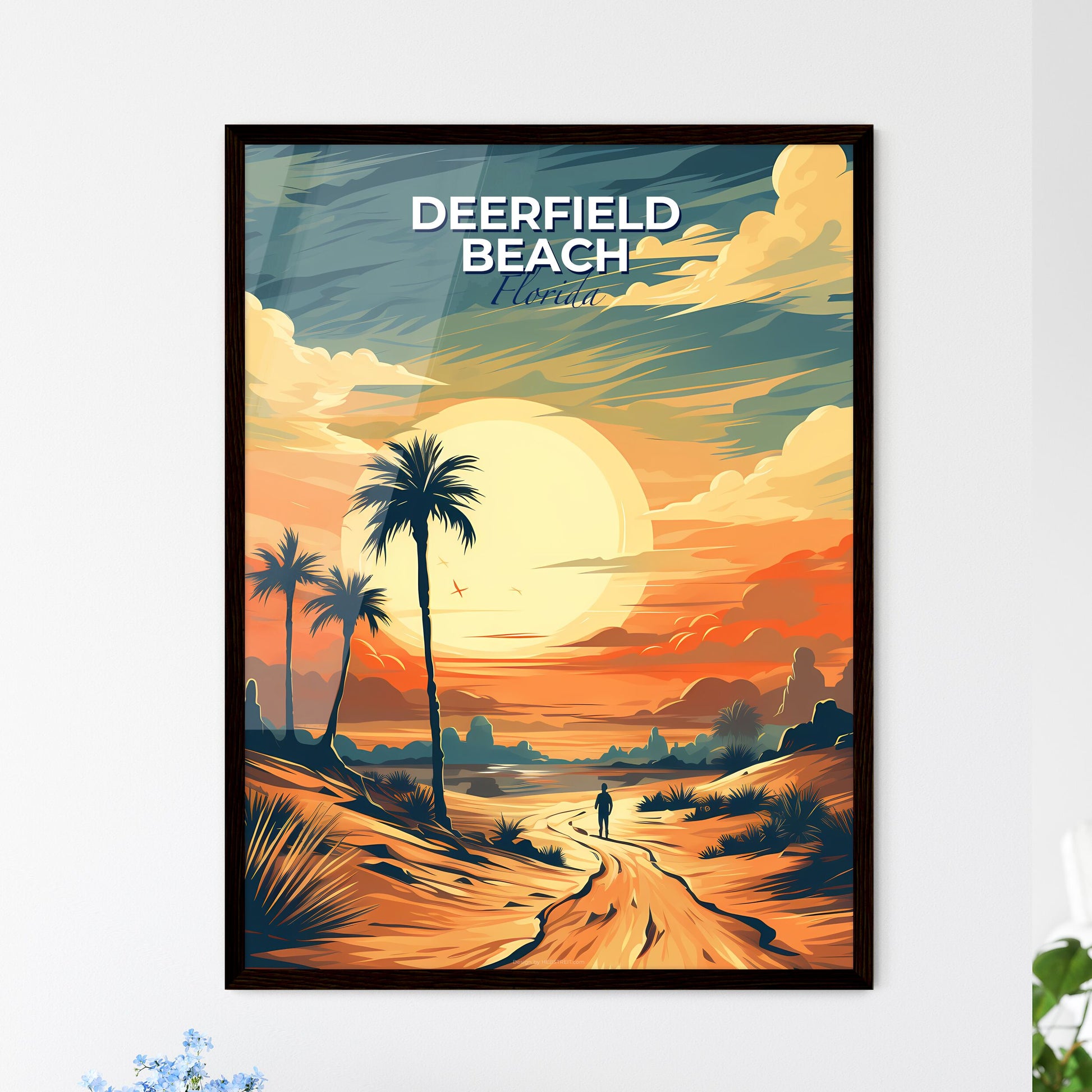 Deerfield Beach, Florida, A Poster of a person walking on a dirt road with palm trees and a sunset Default Title