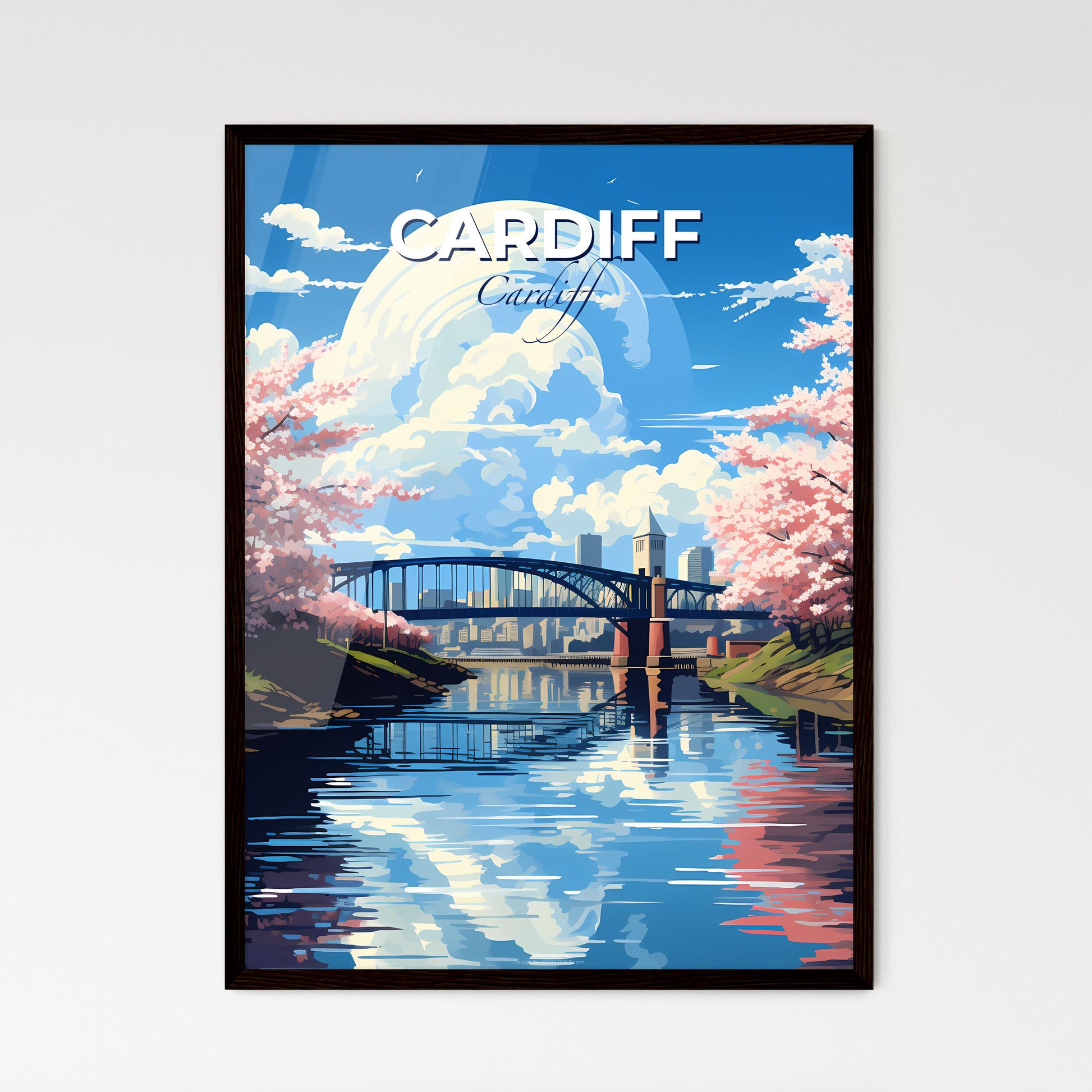 Cardiff, Cardiff, A Poster of a bridge over a river with pink flowers Default Title