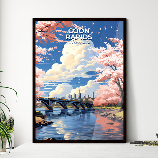 Coon Rapids, Minnesota, A Poster of a bridge over a river with pink trees and a city in the background Default Title
