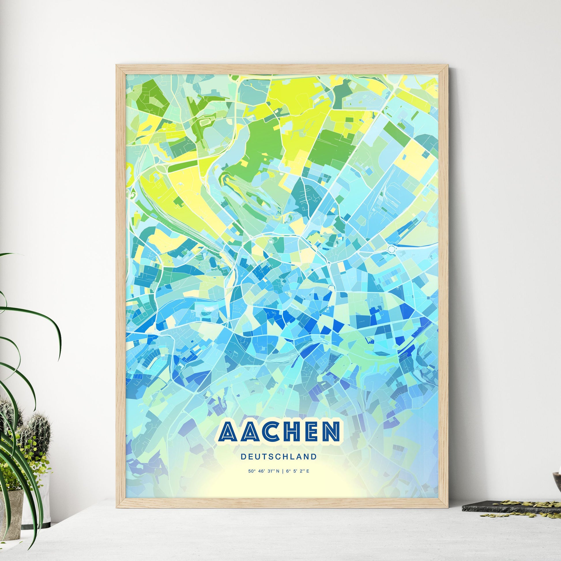 Colorful Aachen Germany Fine Art Map Cool Blue