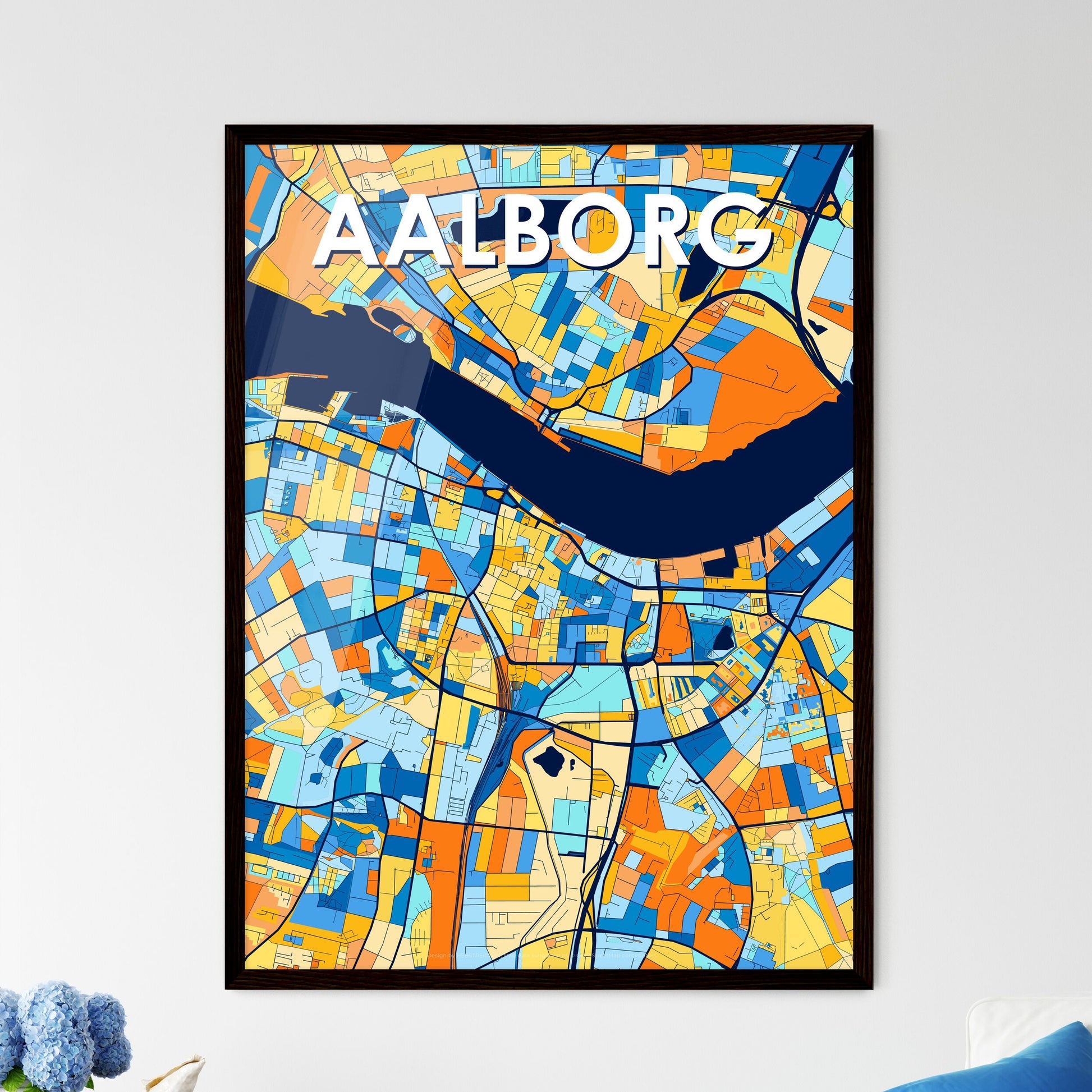 AALBORG DENMARK Vibrant Colorful Art Map Poster Blue Orange