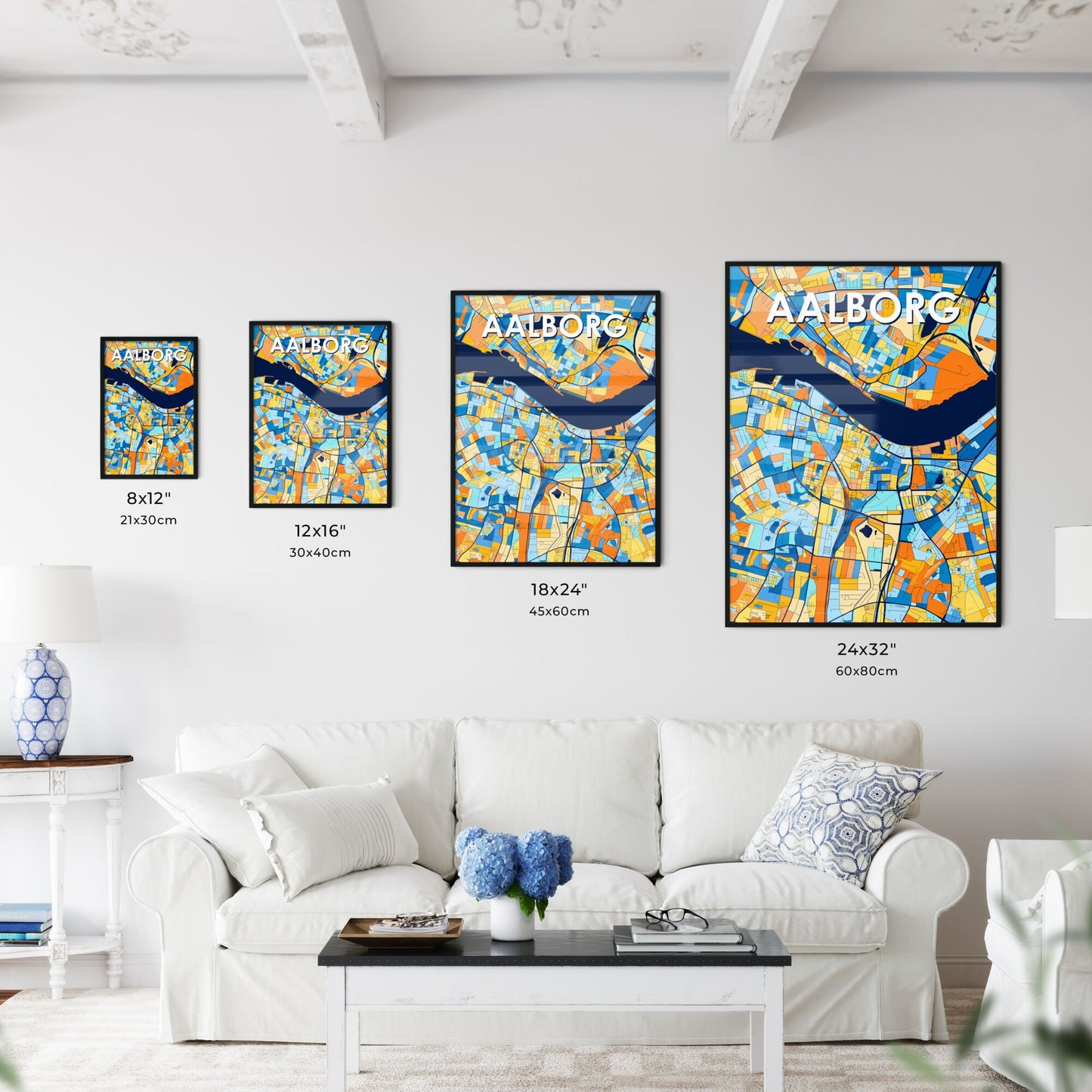 AALBORG DENMARK Vibrant Colorful Art Map Poster Blue Orange