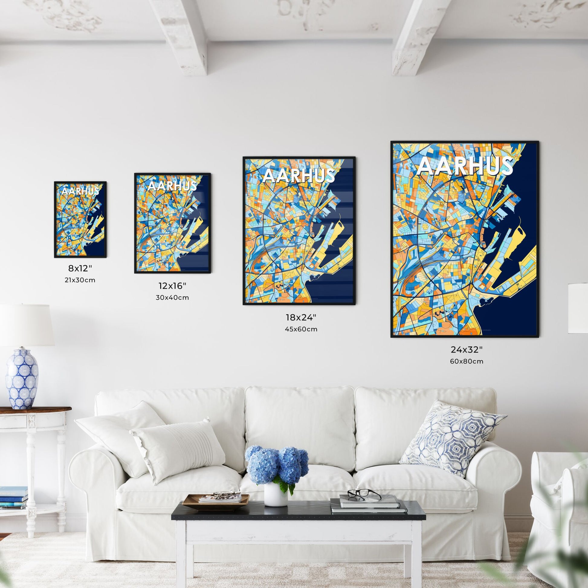 AARHUS DENMARK Vibrant Colorful Art Map Poster Blue Orange