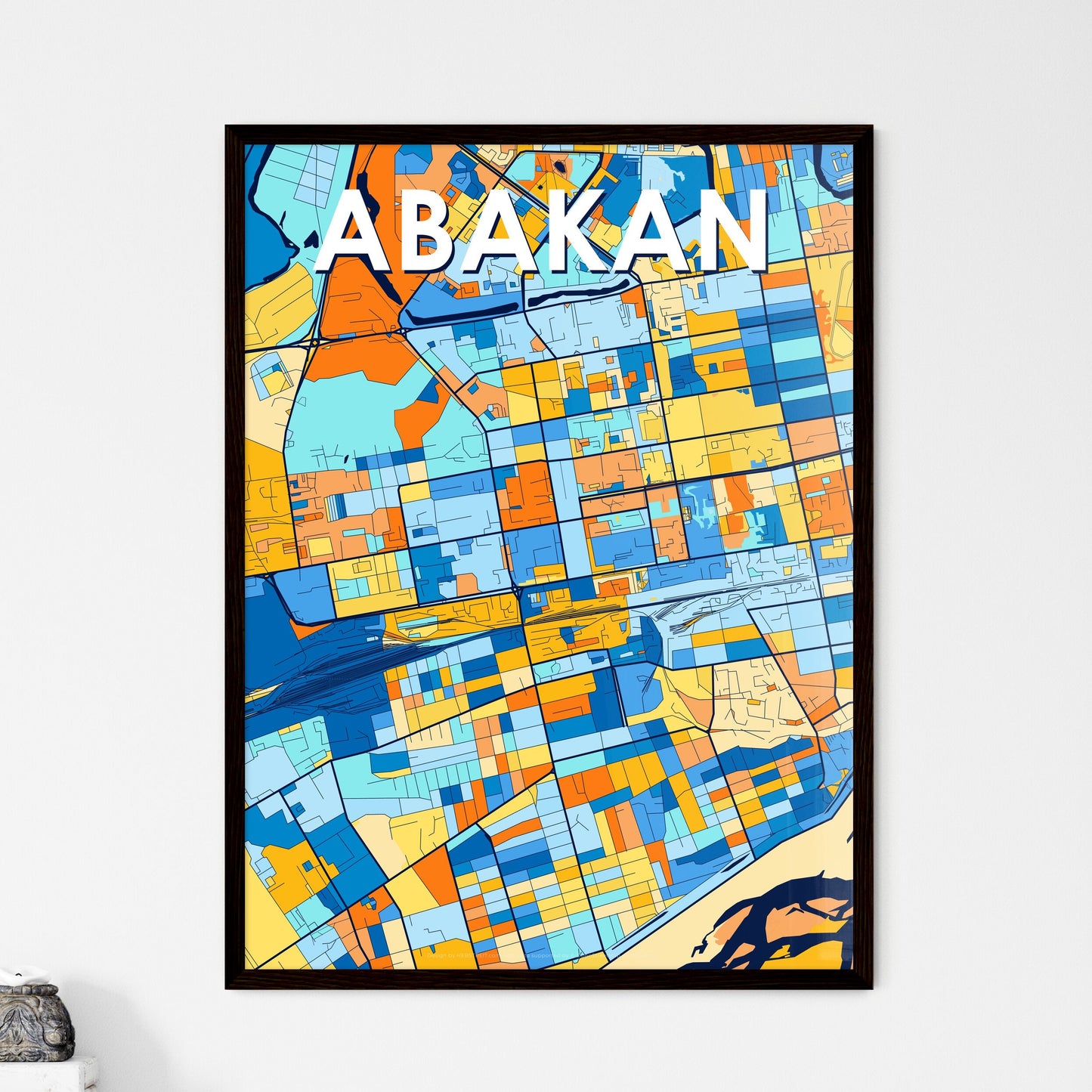 ABAKAN RUSSIA Vibrant Colorful Art Map Poster Blue Orange