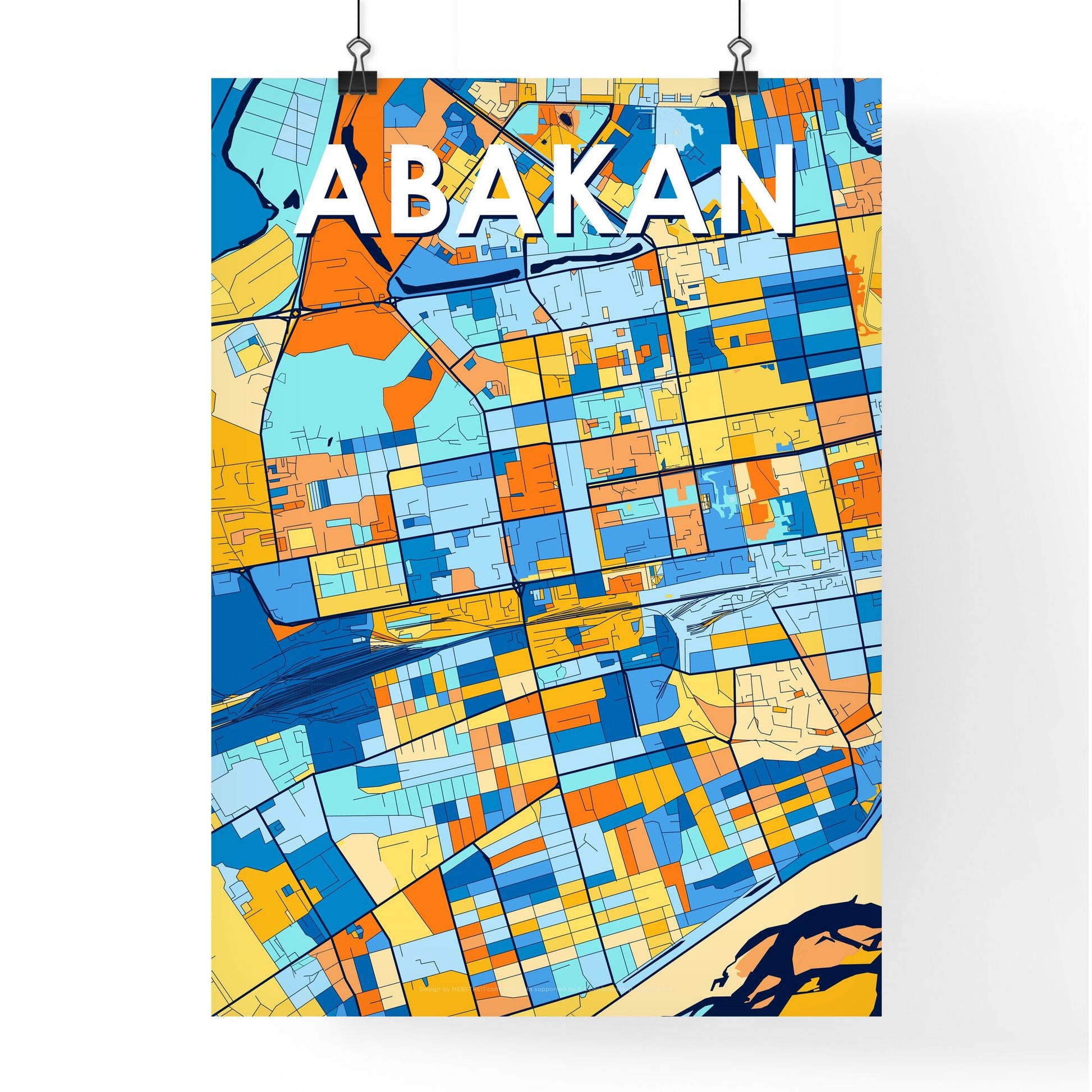ABAKAN RUSSIA Vibrant Colorful Art Map Poster Blue Orange