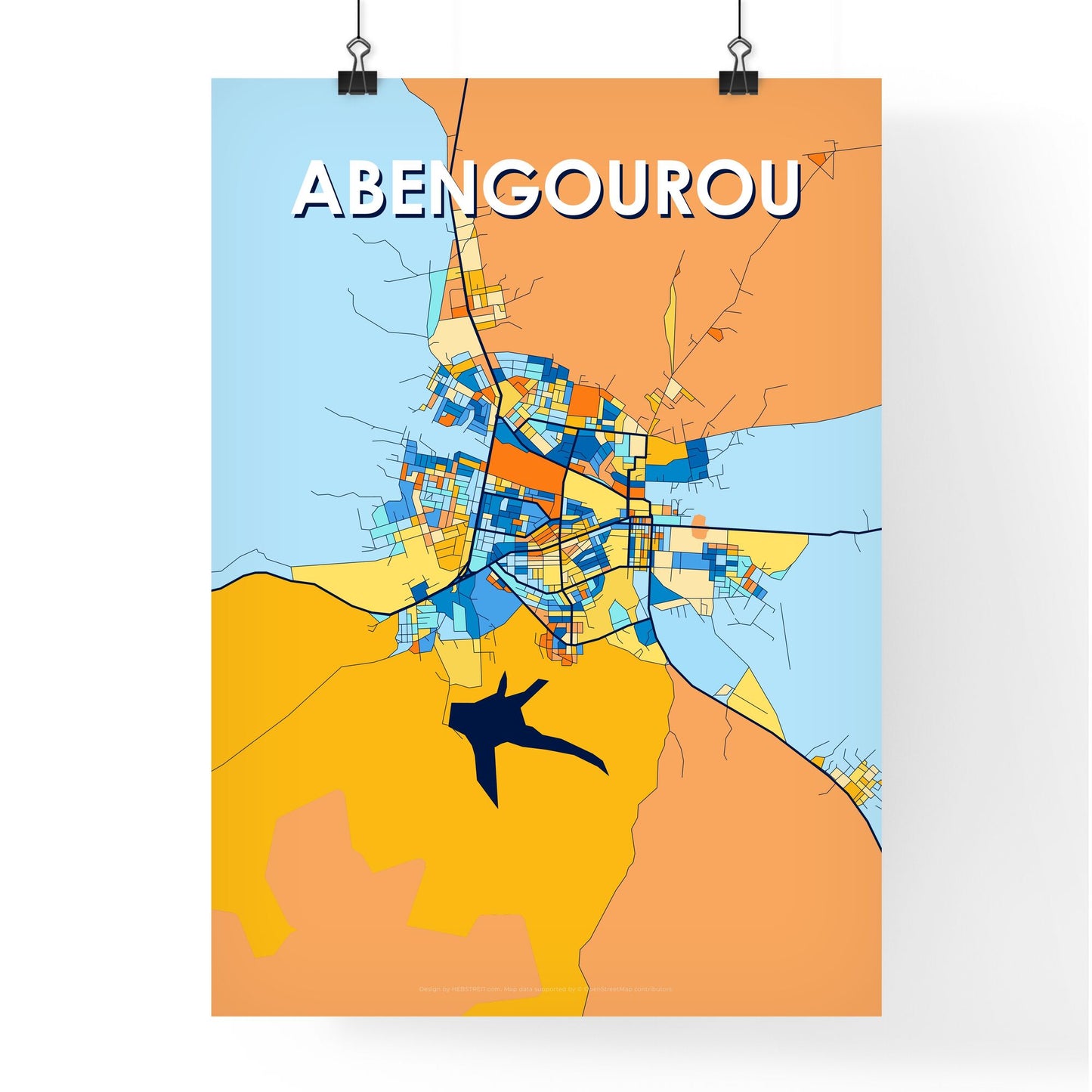 ABENGOUROU IVORY COAST Vibrant Colorful Art Map Poster Blue Orange