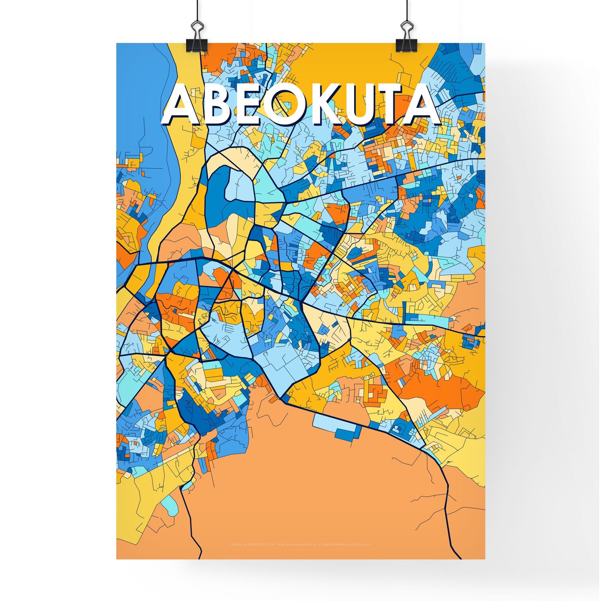 ABEOKUTA NIGERIA Vibrant Colorful Art Map Poster Blue Orange