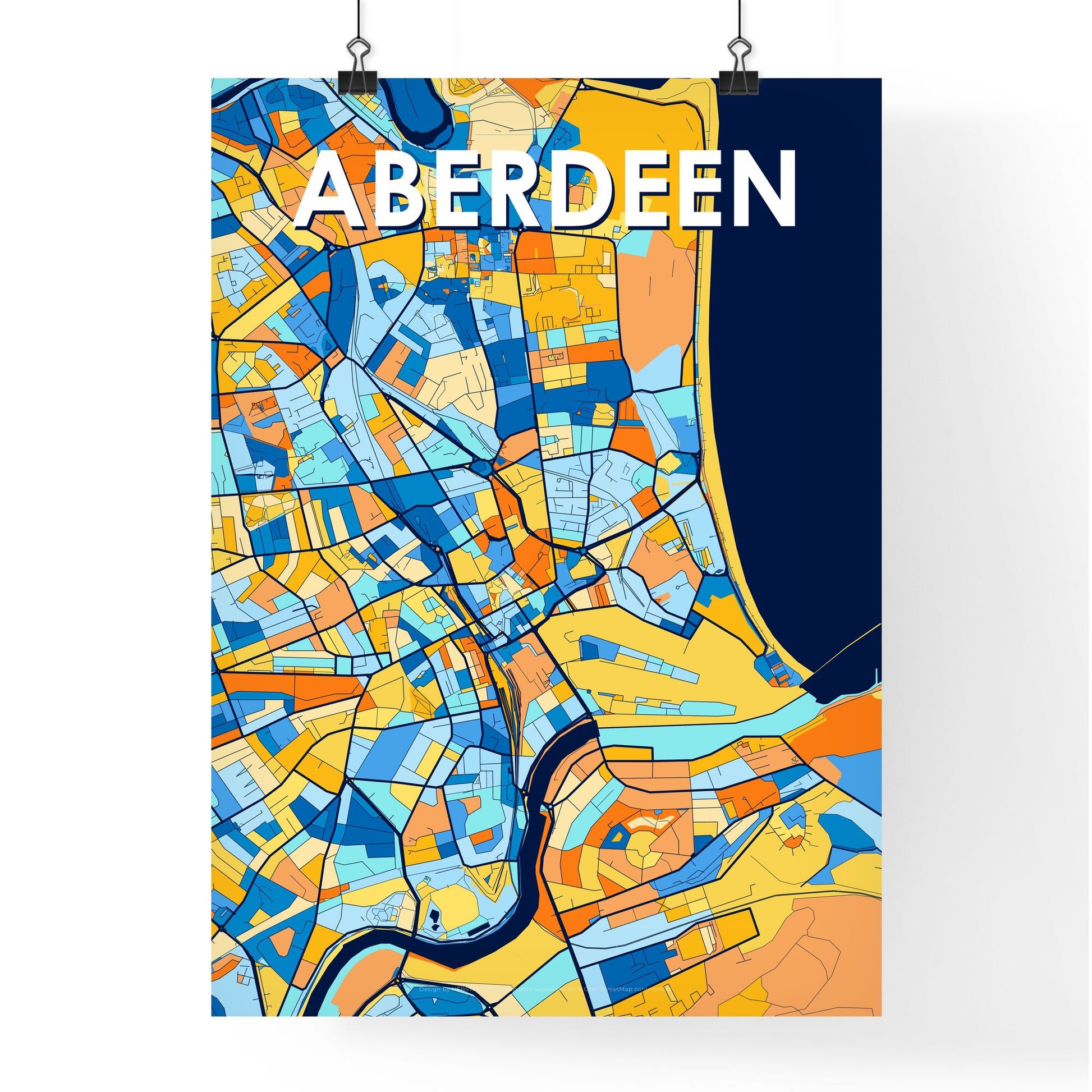 ABERDEEN SCOTLAND Vibrant Colorful Art Map Poster Blue Orange