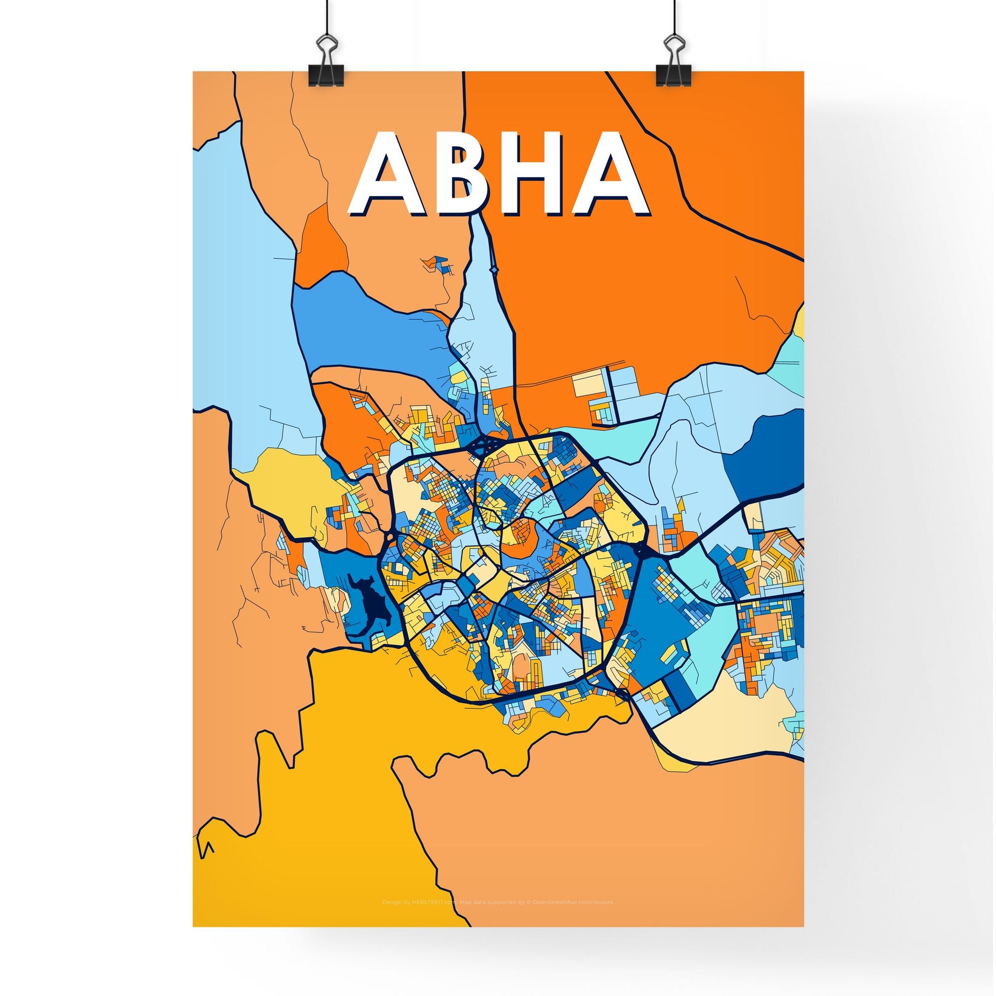 ABHA SAUDI ARABIA Vibrant Colorful Art Map Poster Blue Orange