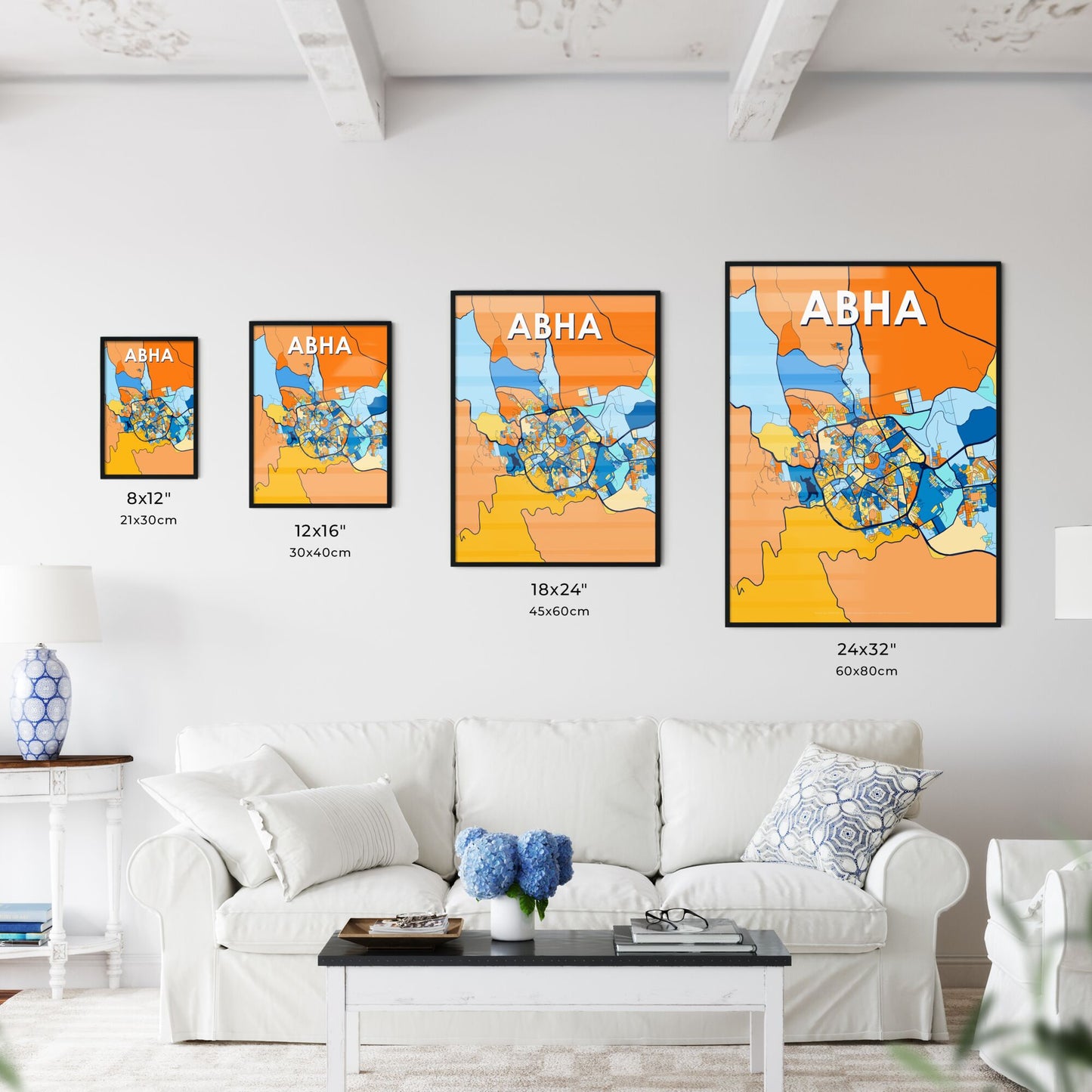 ABHA SAUDI ARABIA Vibrant Colorful Art Map Poster Blue Orange