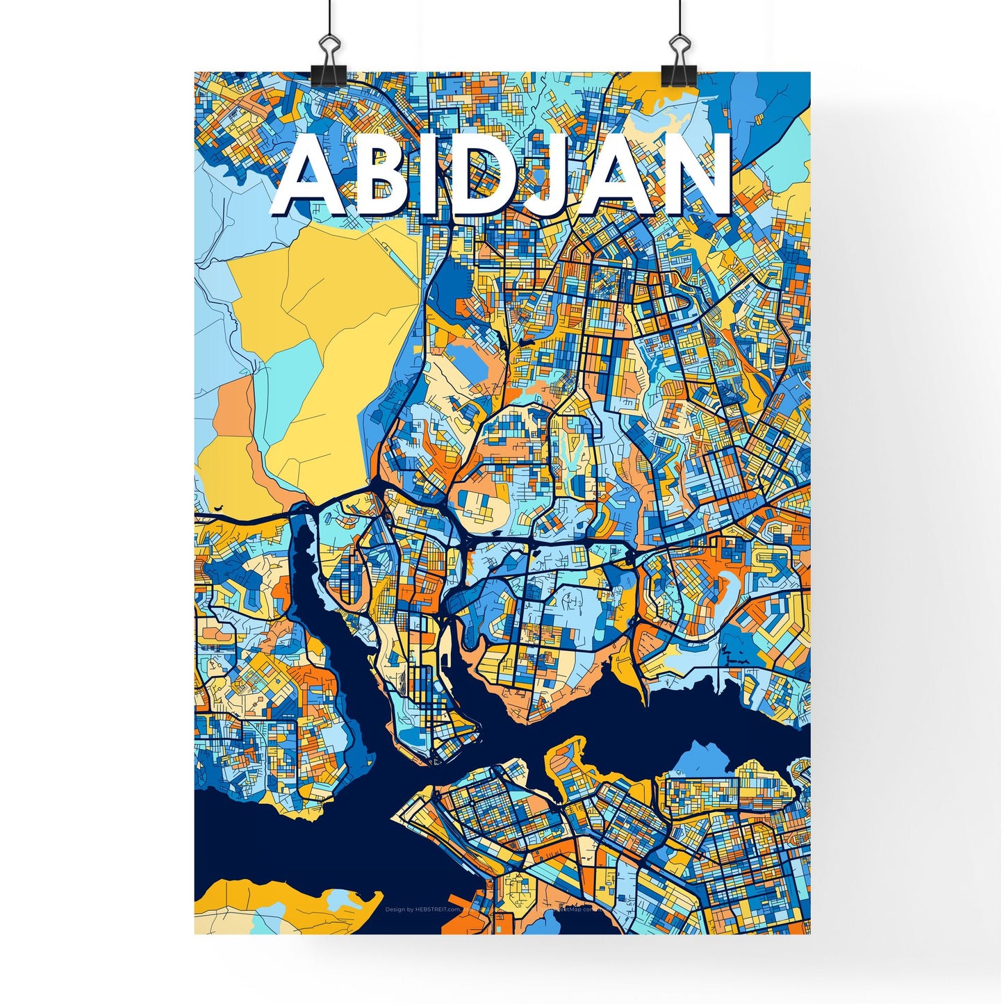 ABIDJAN IVORY COAST Vibrant Colorful Art Map Poster Blue Orange