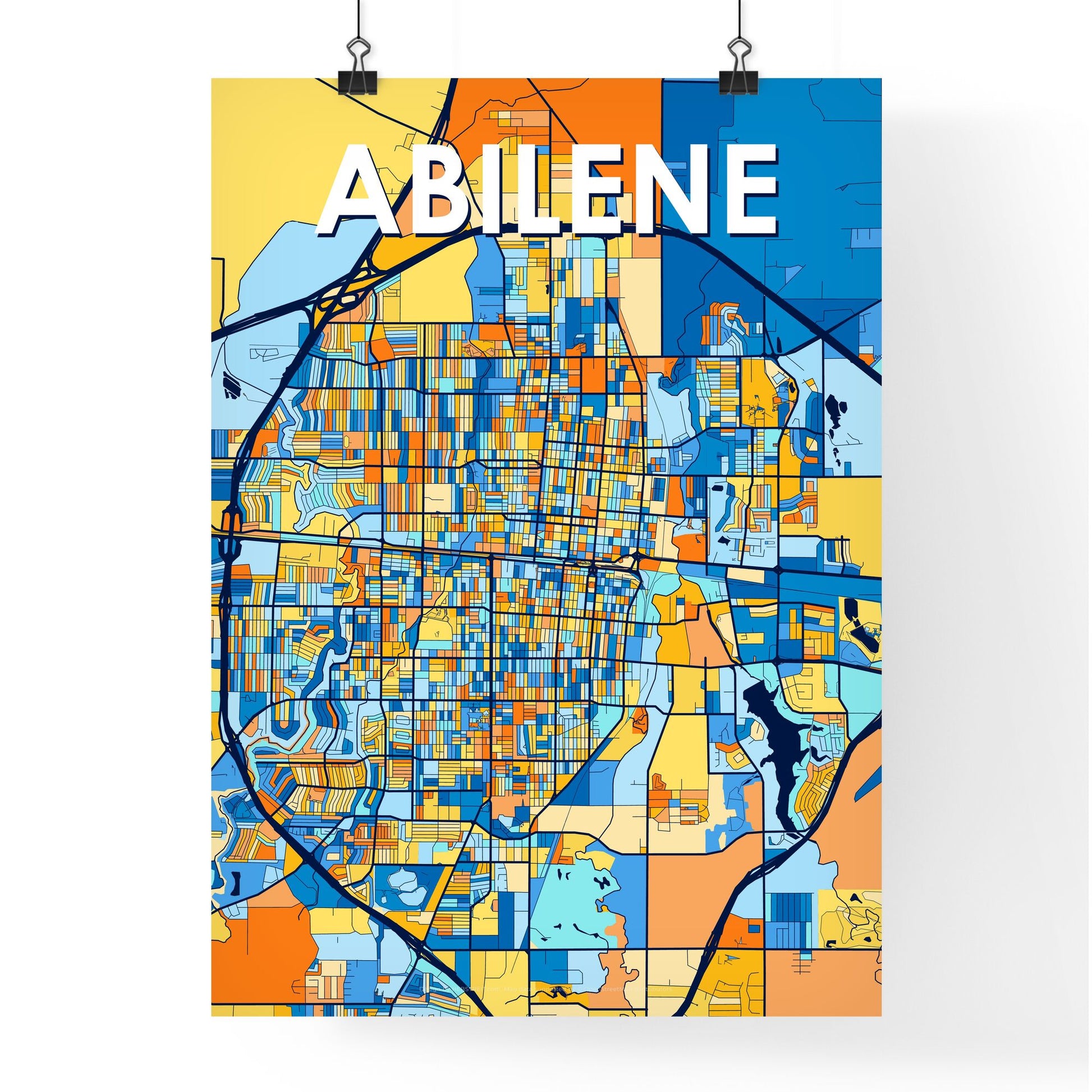 ABILENE TEXAS Vibrant Colorful Art Map Poster Blue Orange