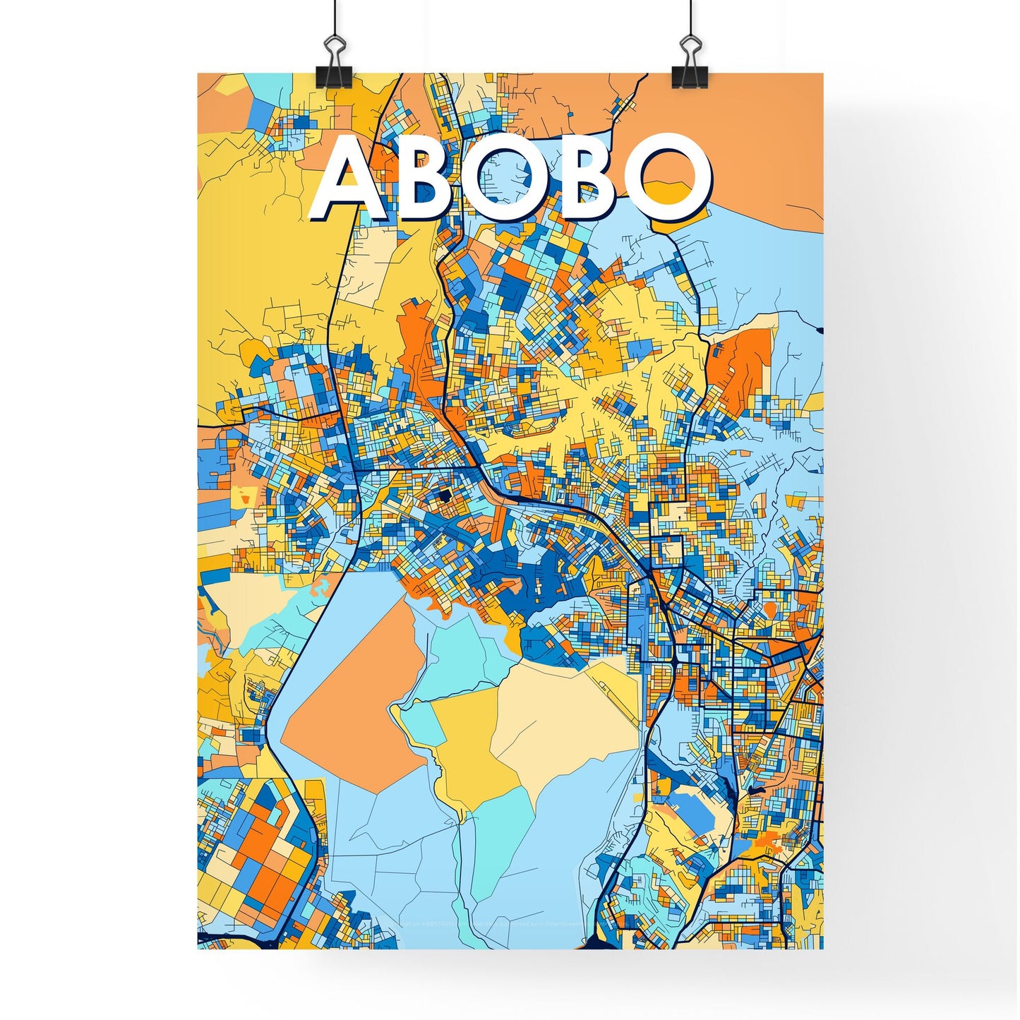 ABOBO IVORY COAST Vibrant Colorful Art Map Poster Blue Orange