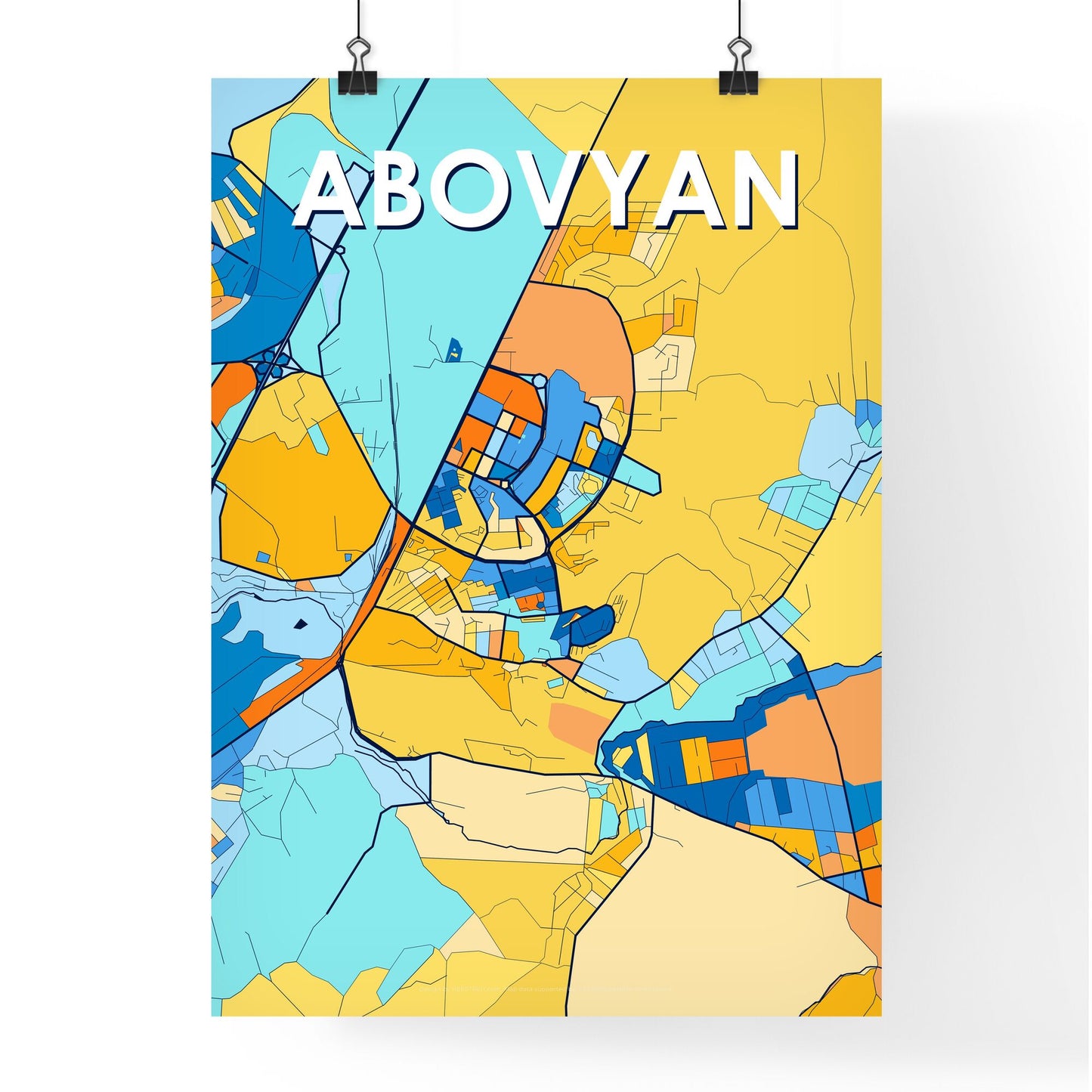 ABOVYAN ARMENIA Vibrant Colorful Art Map Poster Blue Orange