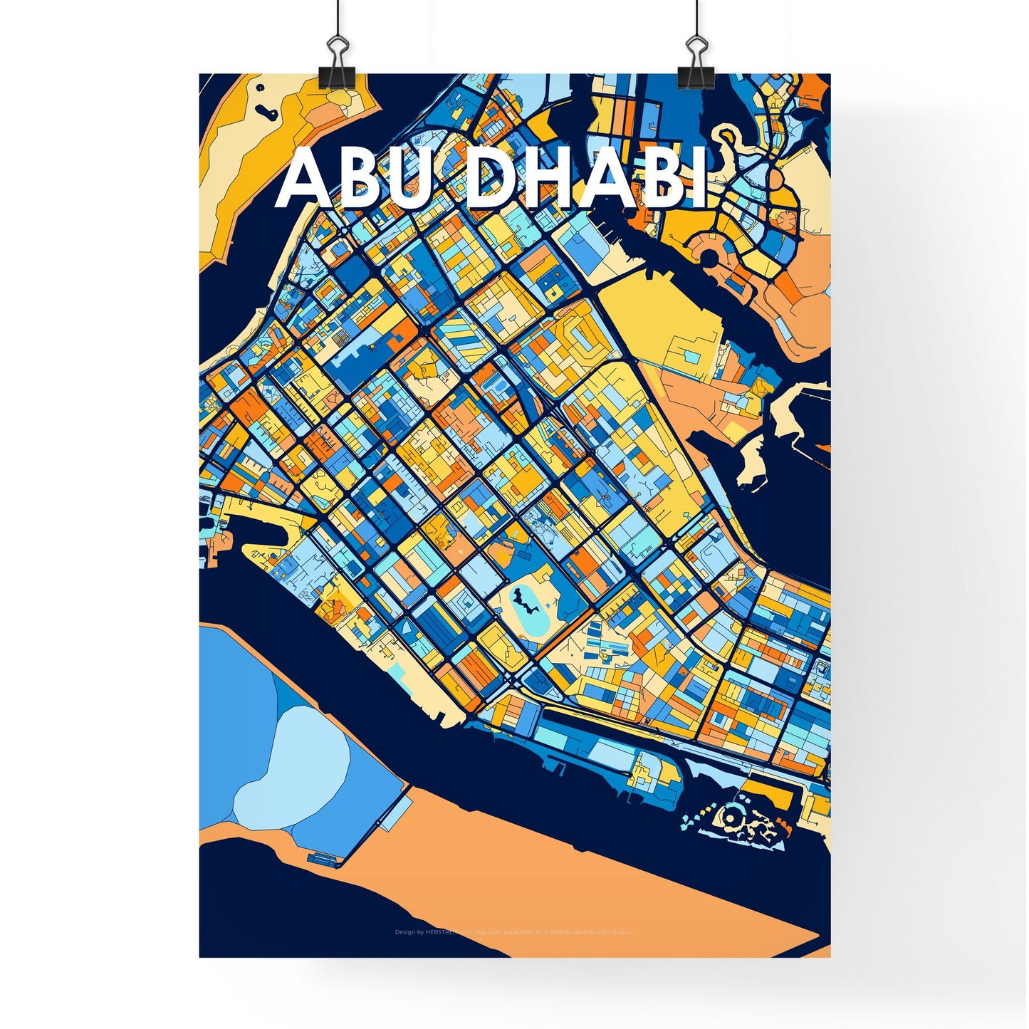 ABU DHABI UNITED ARAB EMIRATES Vibrant Colorful Art Map Poster Blue Orange