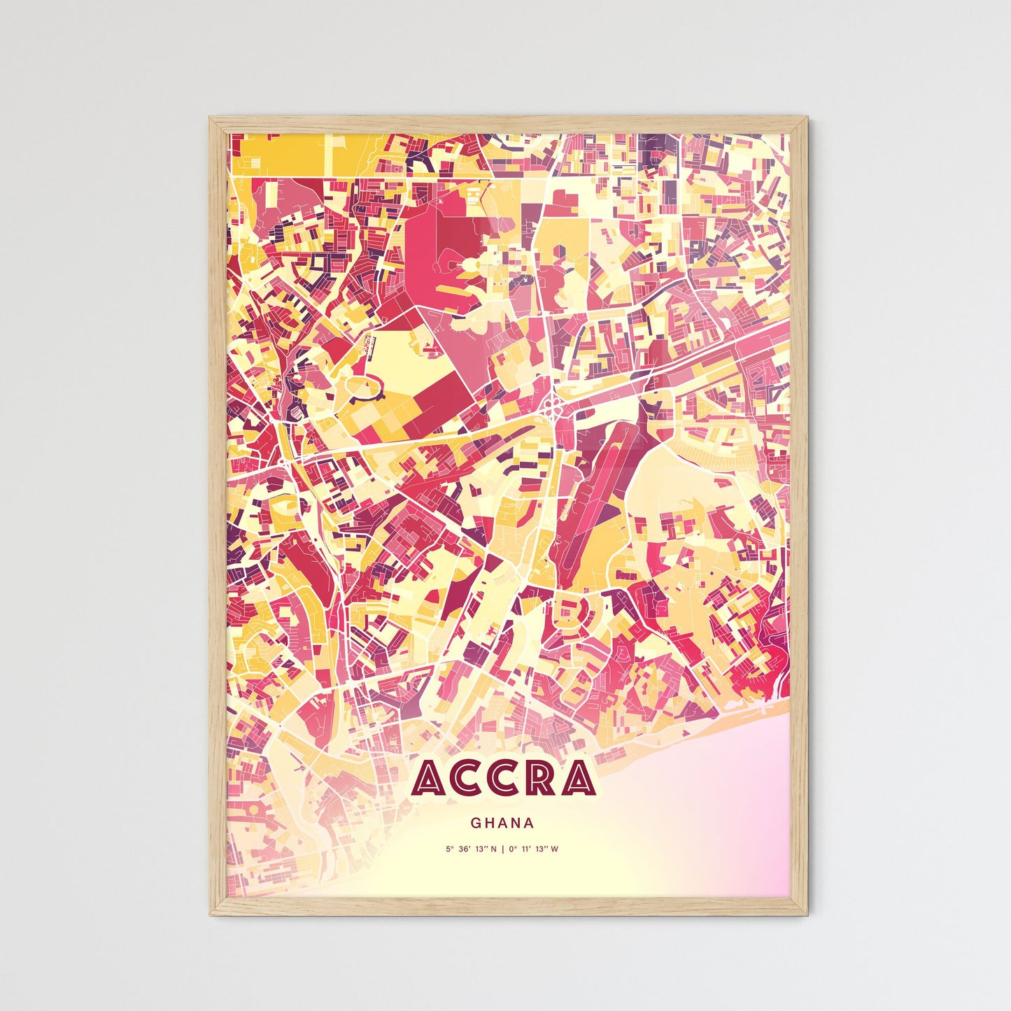 Colorful Accra Ghana Fine Art Map Hot Red