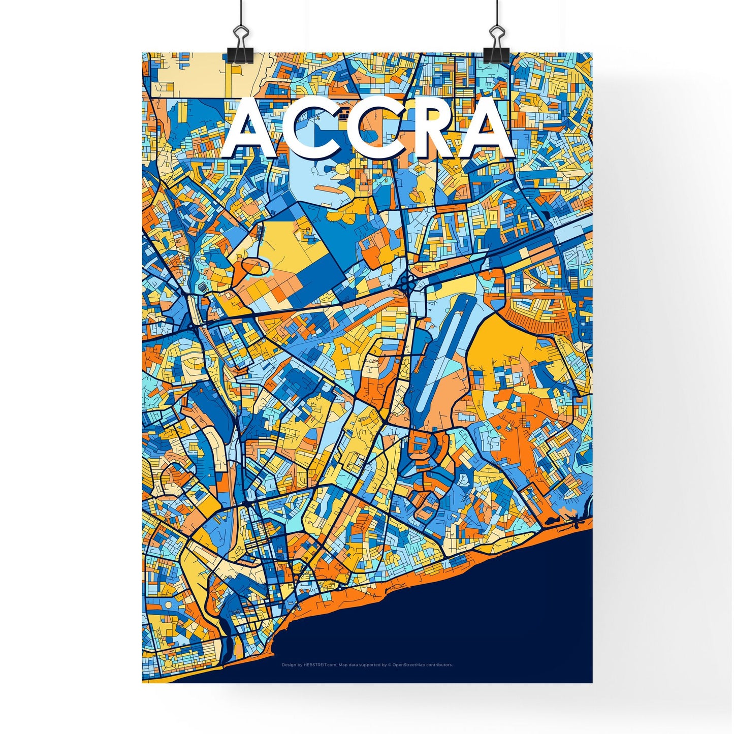 ACCRA GHANA Vibrant Colorful Art Map Poster Blue Orange