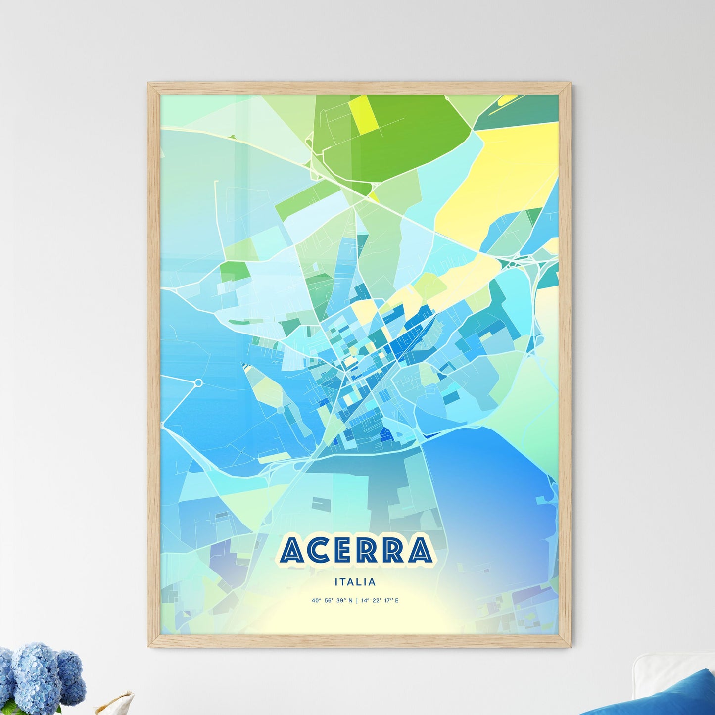 Colorful Acerra Italy Fine Art Map Cool Blue