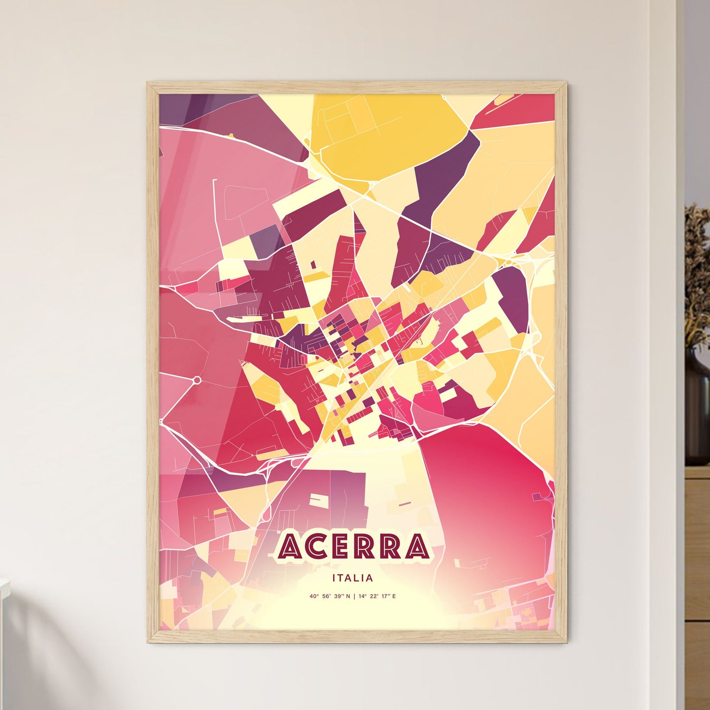 Colorful Acerra Italy Fine Art Map Hot Red