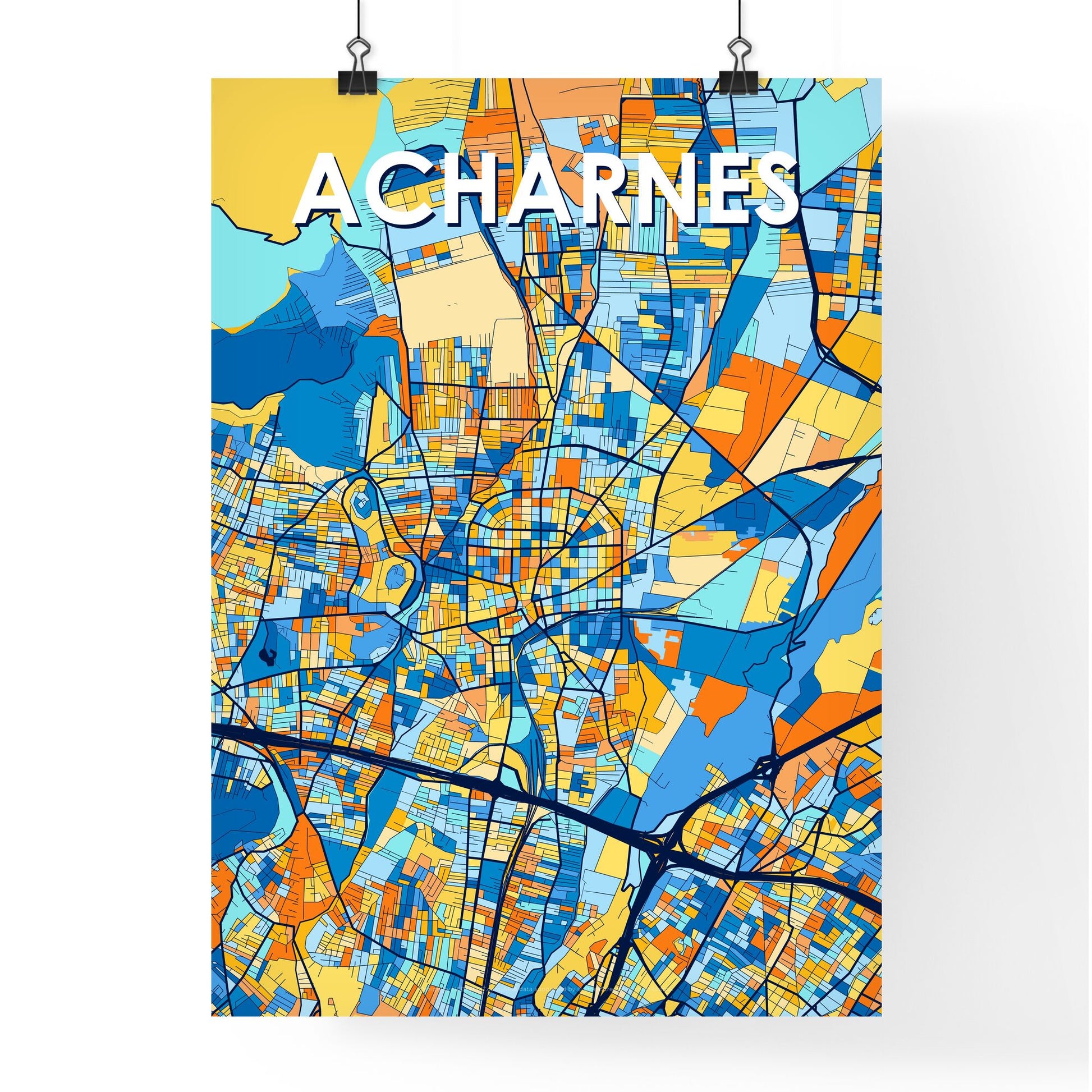 ACHARNES GREECE Vibrant Colorful Art Map Poster Blue Orange