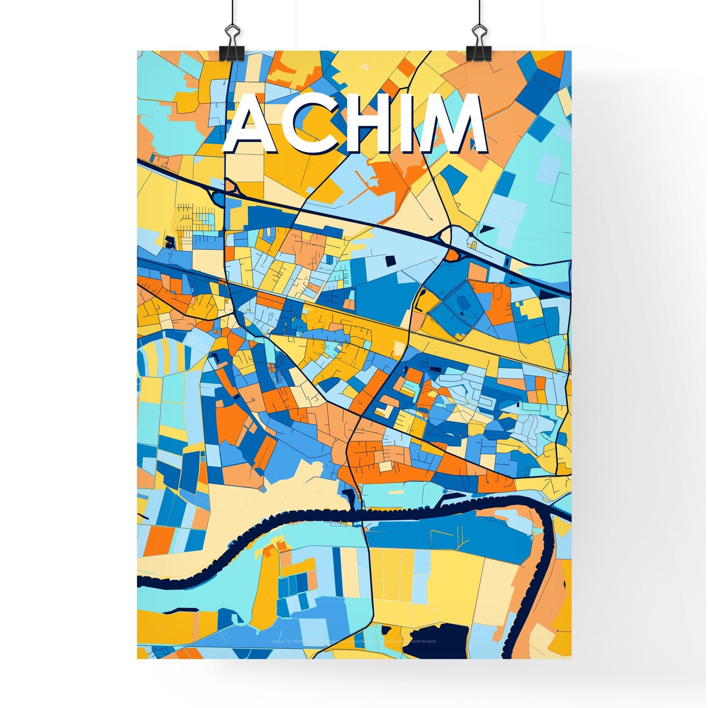 ACHIM GERMANY Vibrant Colorful Art Map Poster Blue Orange