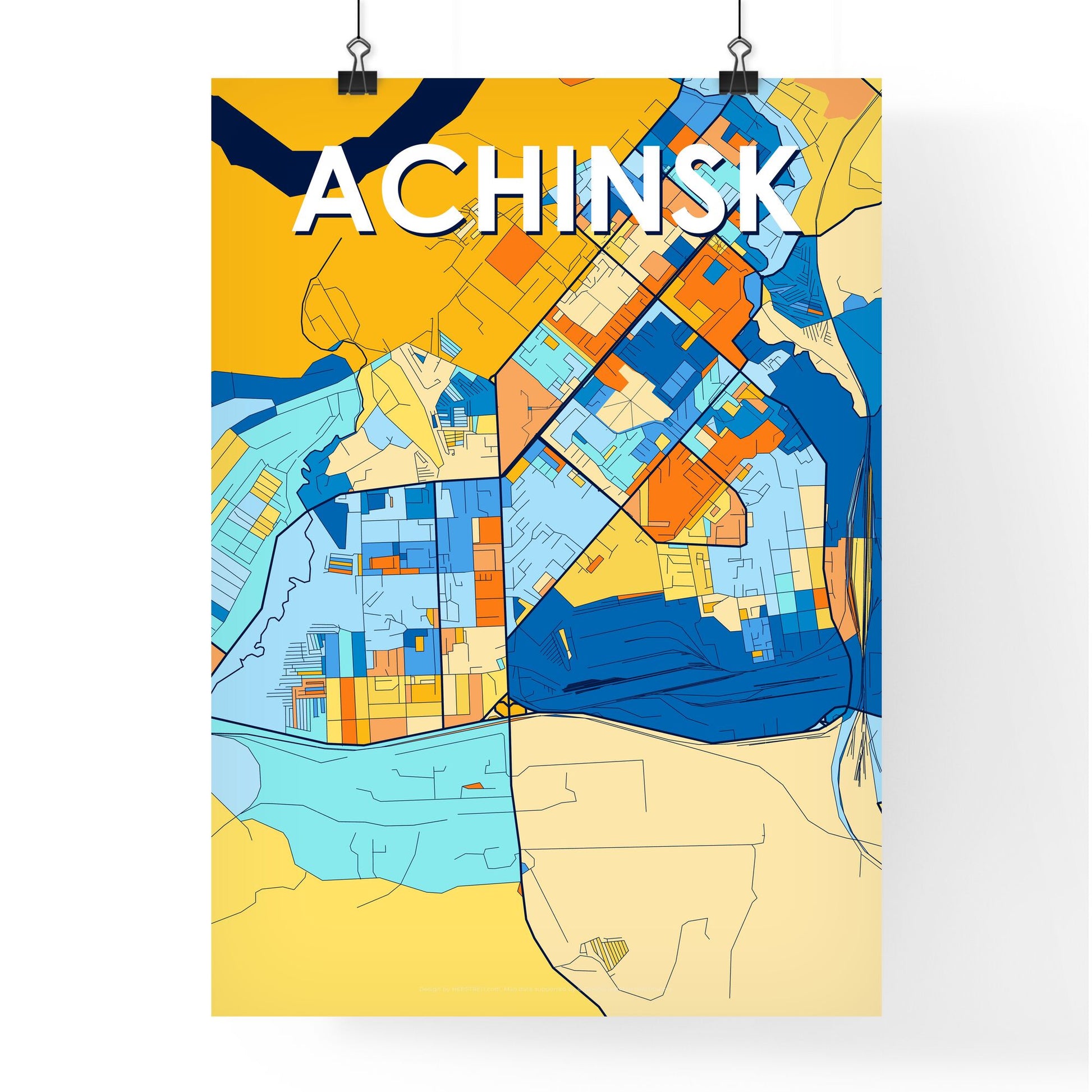 ACHINSK RUSSIA Vibrant Colorful Art Map Poster Blue Orange