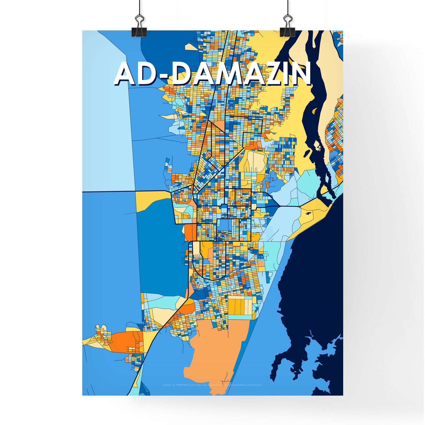 AD-DAMAZIN SUDAN Vibrant Colorful Art Map Poster Blue Orange