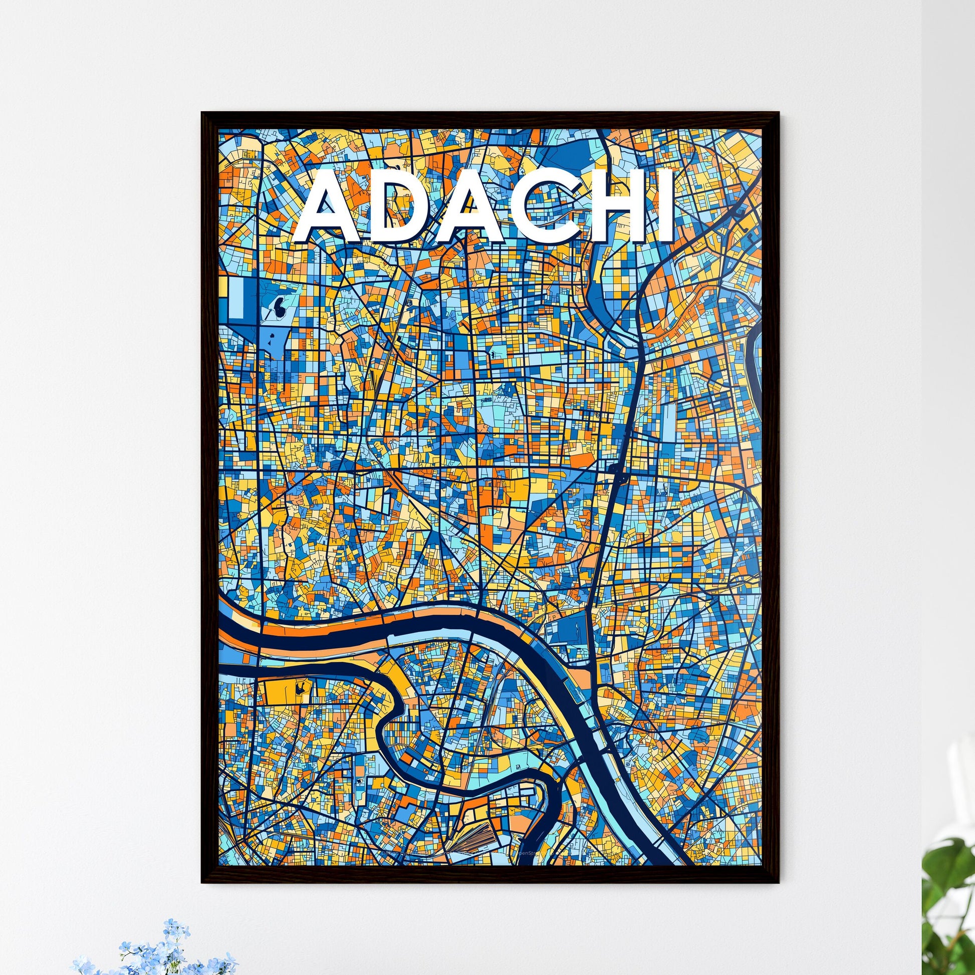 ADACHI JAPAN Vibrant Colorful Art Map Poster Blue Orange