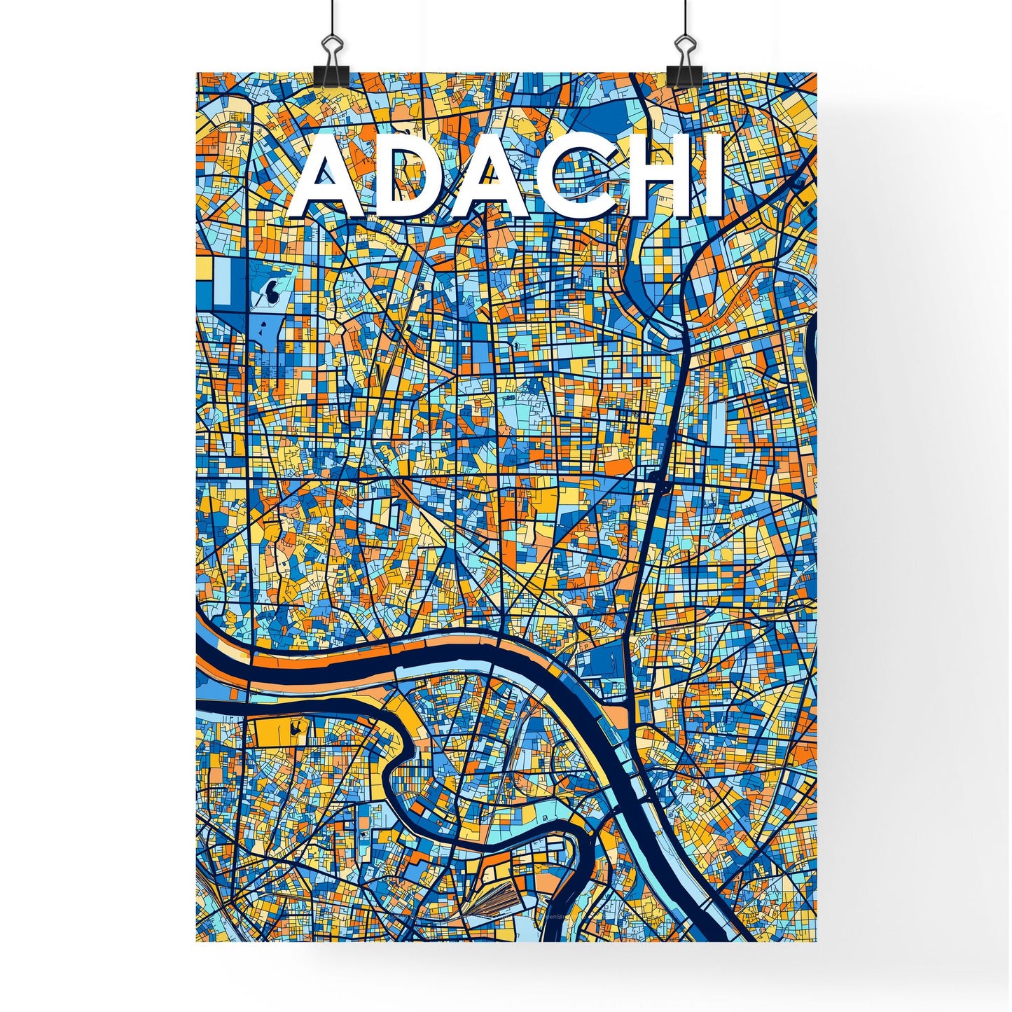 ADACHI JAPAN Vibrant Colorful Art Map Poster Blue Orange