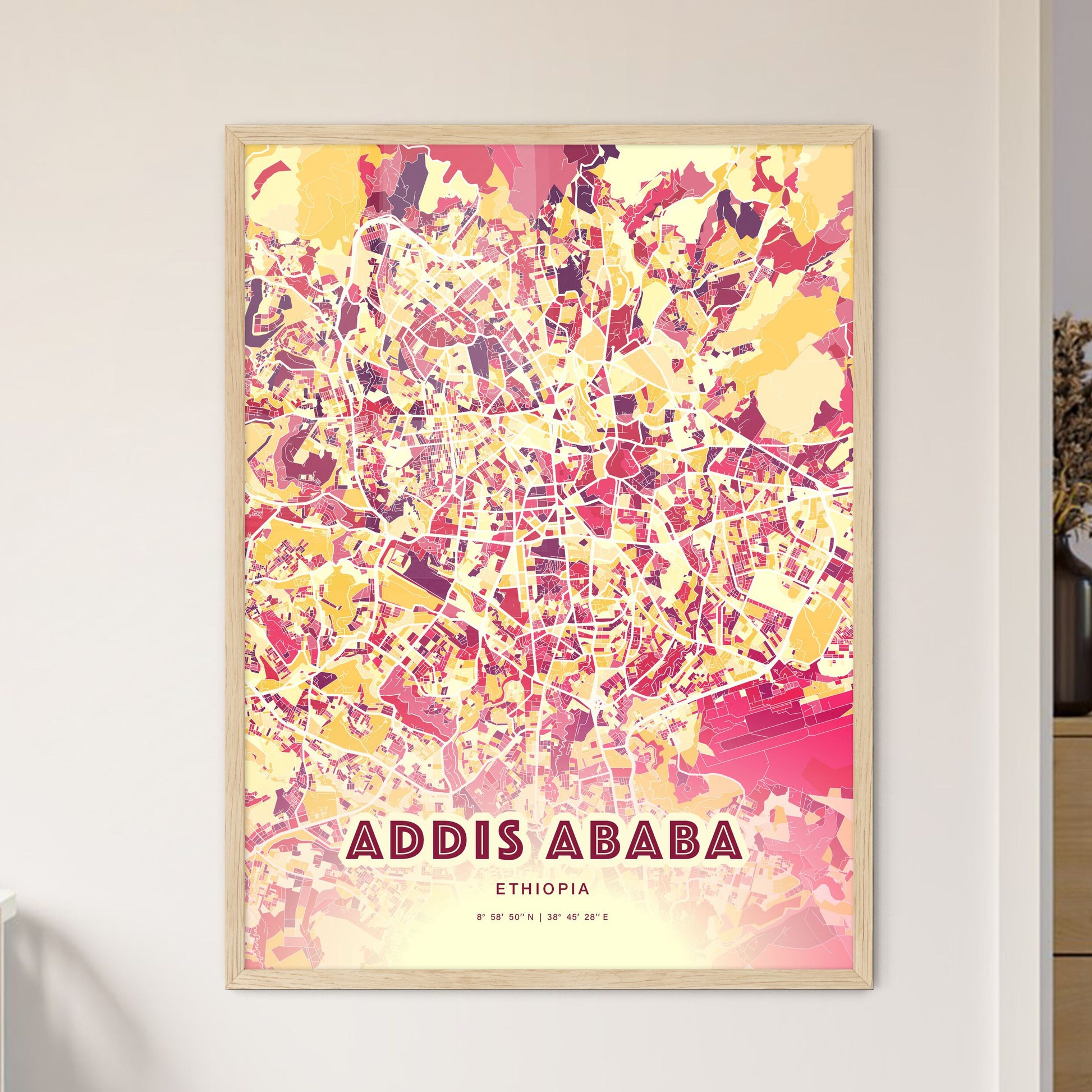 Colorful Addis Ababa Ethiopia Fine Art Map Hot Red