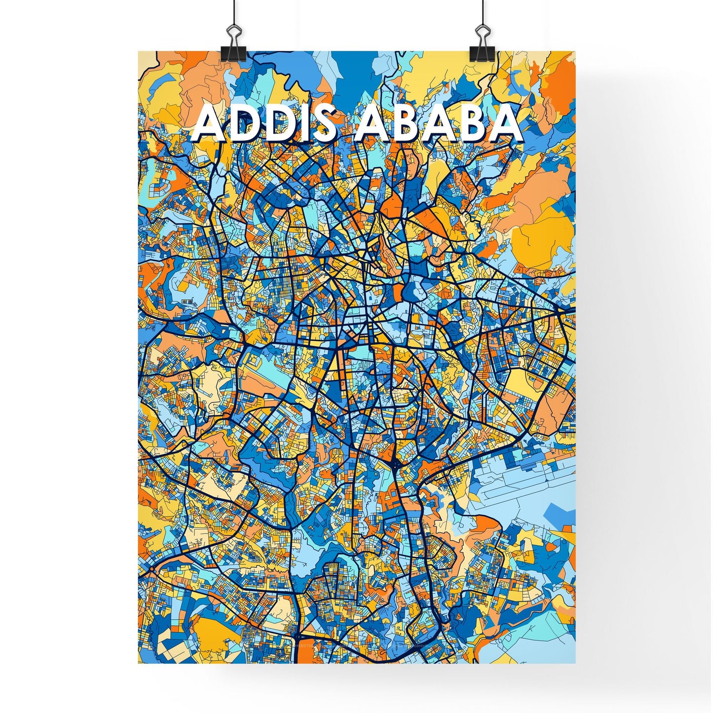 ADDIS ABABA ETHIOPIA Vibrant Colorful Art Map Poster Blue Orange