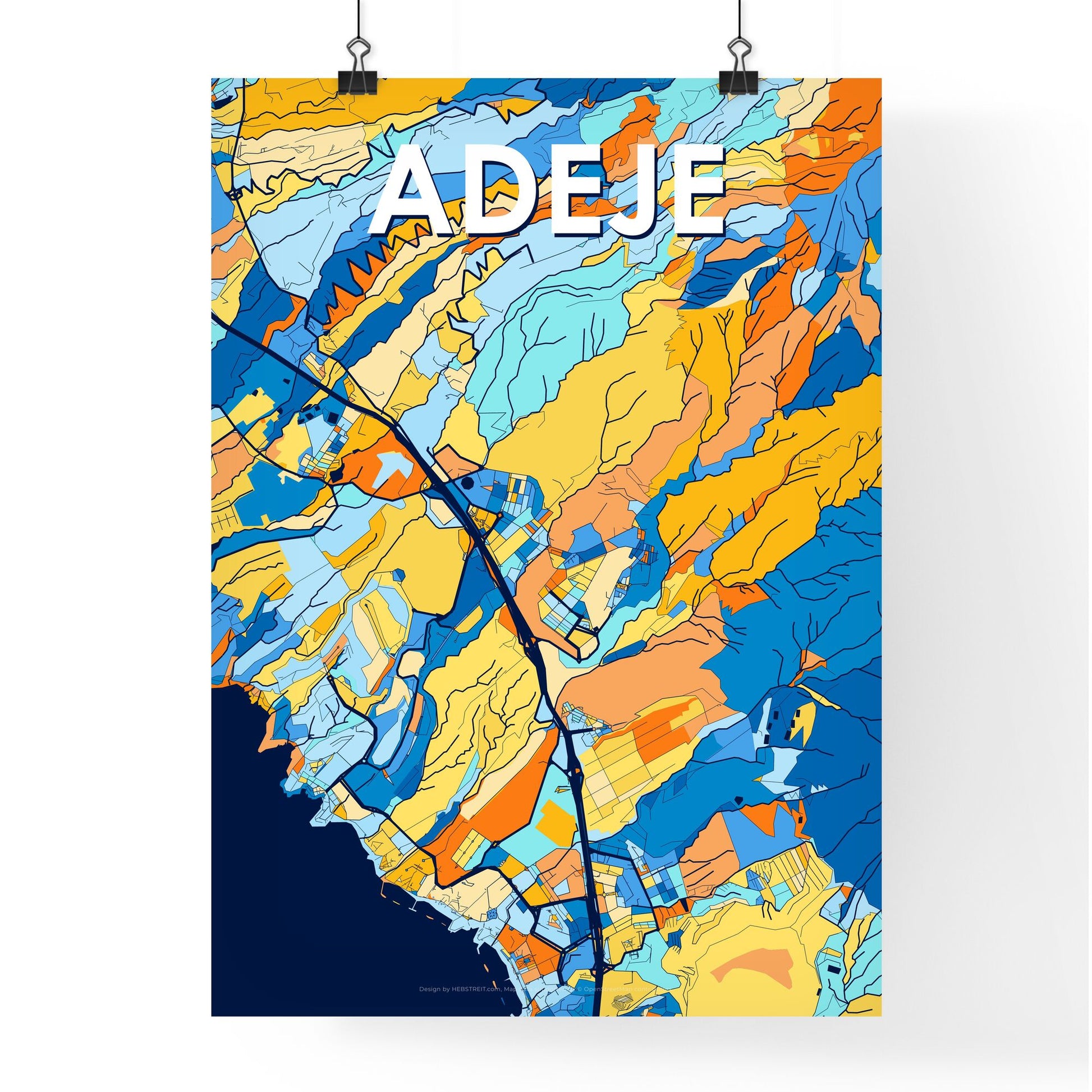 ADEJE SPAIN Vibrant Colorful Art Map Poster Blue Orange