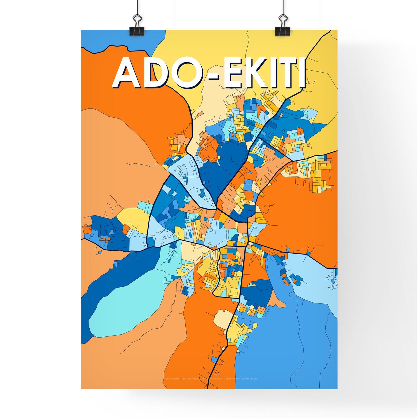 ADO-EKITI NIGERIA Vibrant Colorful Art Map Poster Blue Orange