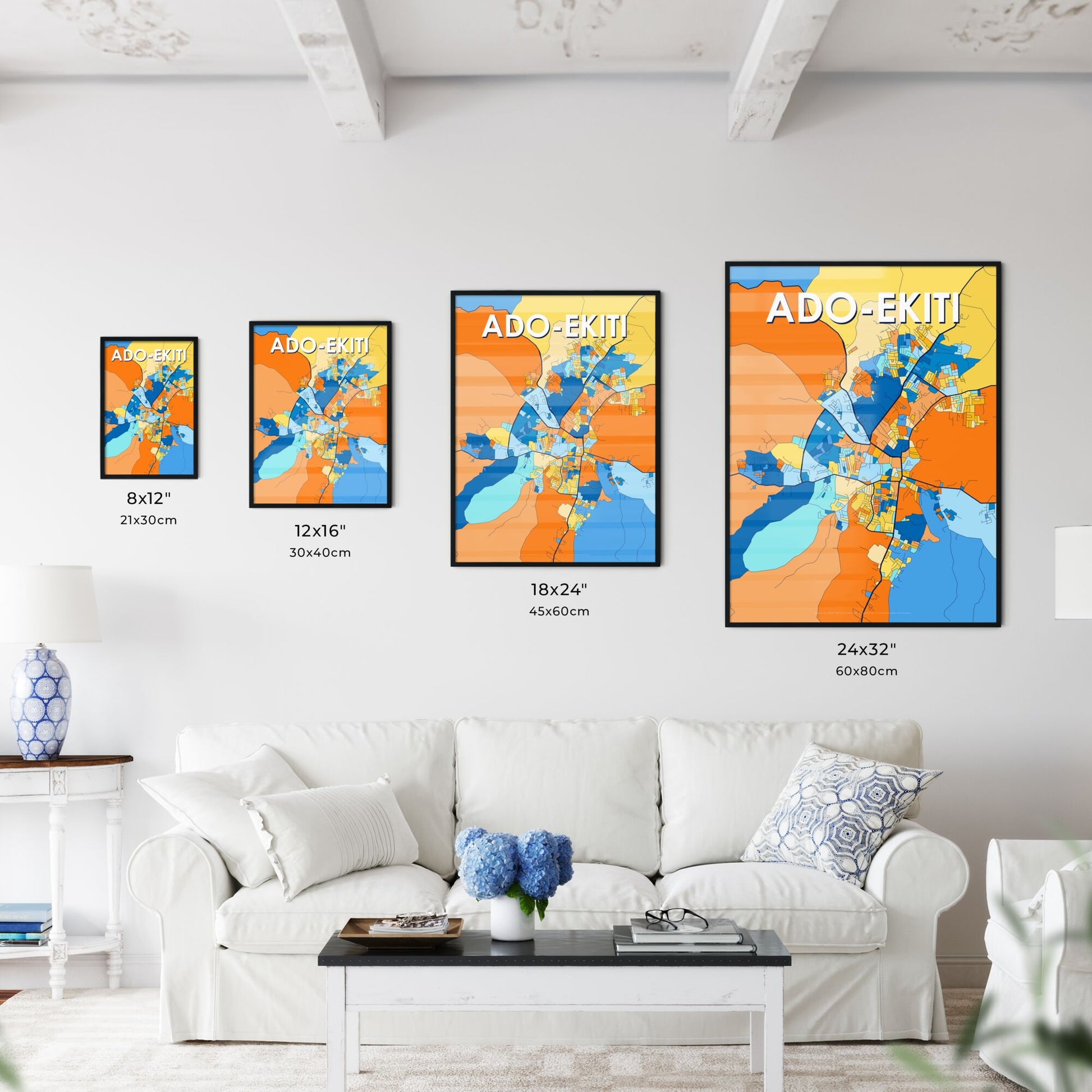 ADO-EKITI NIGERIA Vibrant Colorful Art Map Poster Blue Orange