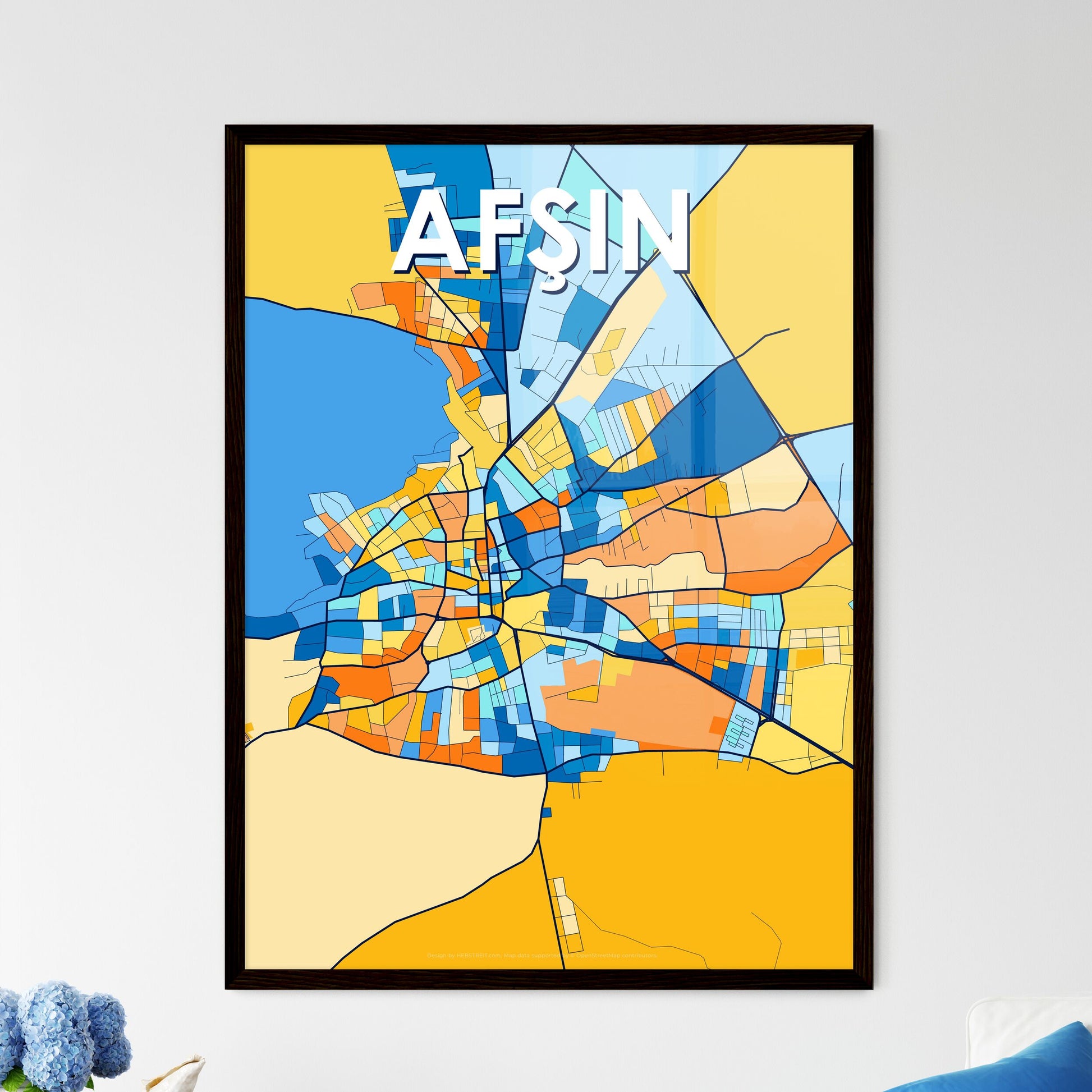 AFŞIN TURKEY Vibrant Colorful Art Map Poster Blue Orange