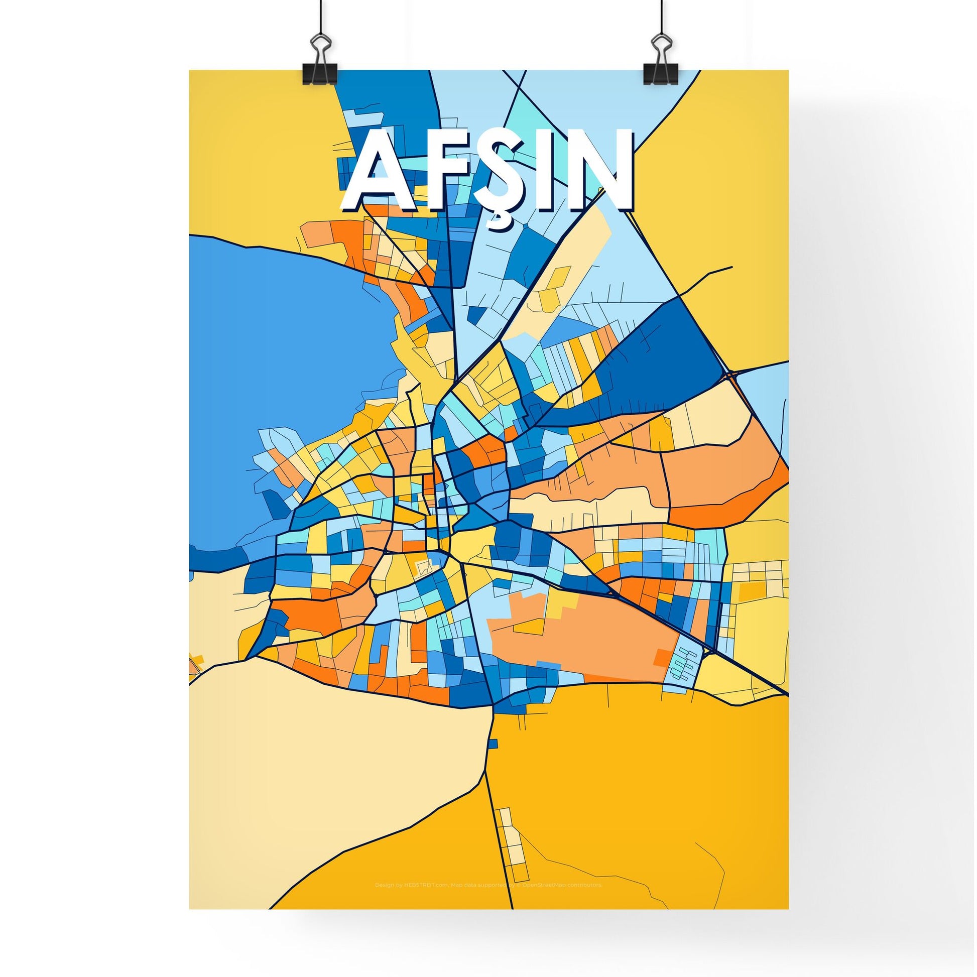 AFŞIN TURKEY Vibrant Colorful Art Map Poster Blue Orange