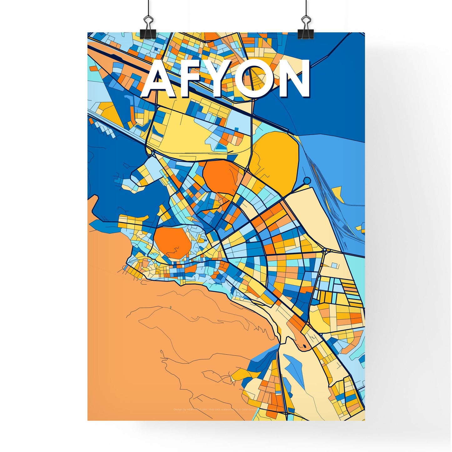 AFYON TURKEY Vibrant Colorful Art Map Poster Blue Orange