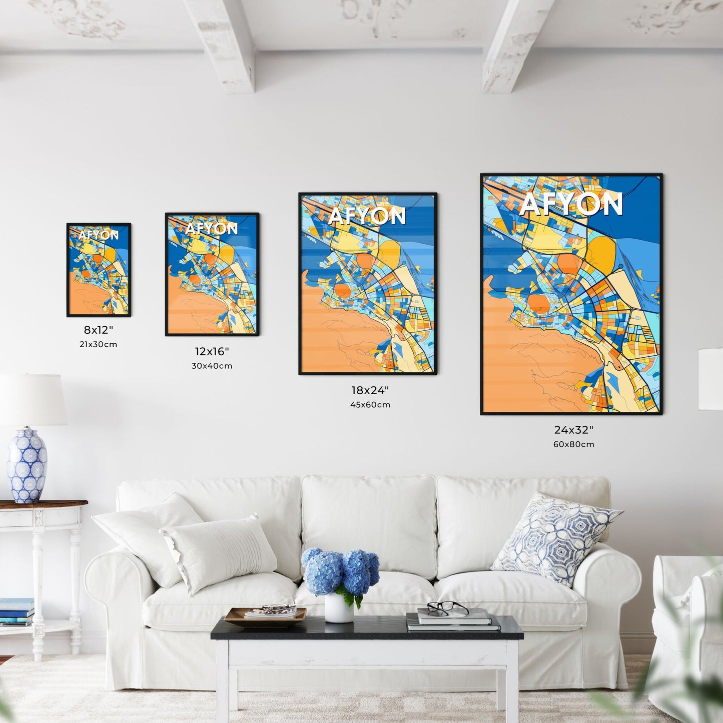 AFYON TURKEY Vibrant Colorful Art Map Poster Blue Orange