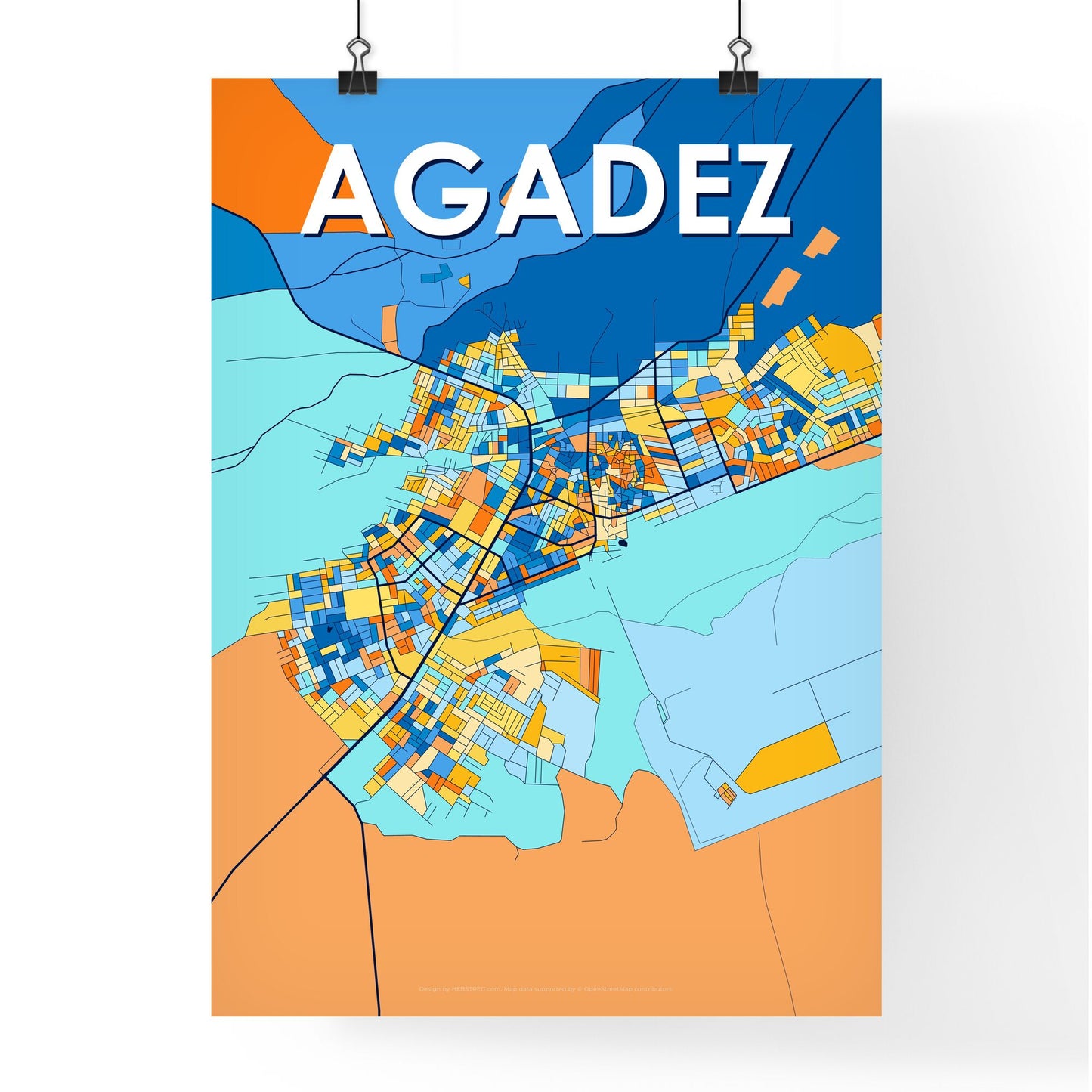 AGADEZ NIGER Vibrant Colorful Art Map Poster Blue Orange