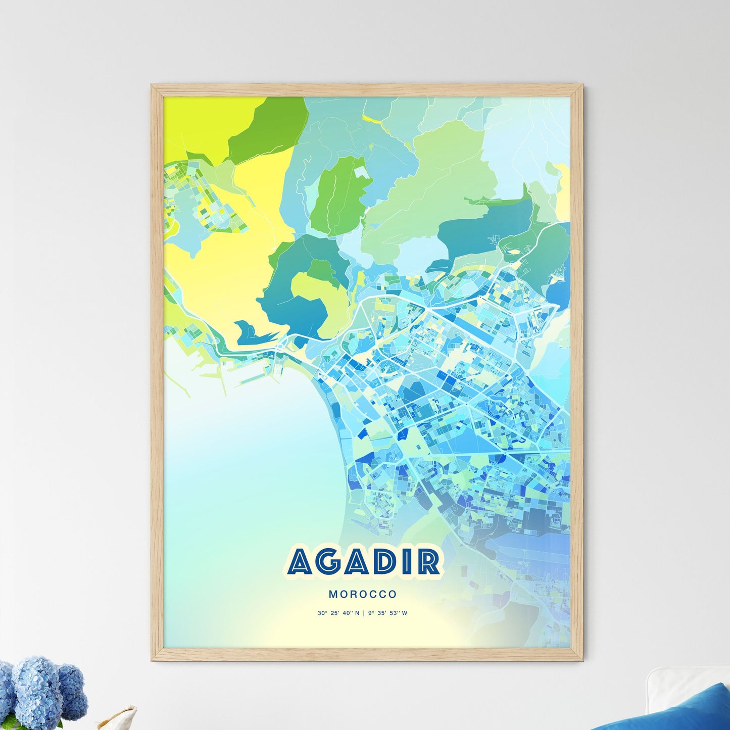 Colorful Agadir Morocco Fine Art Map Cool Blue