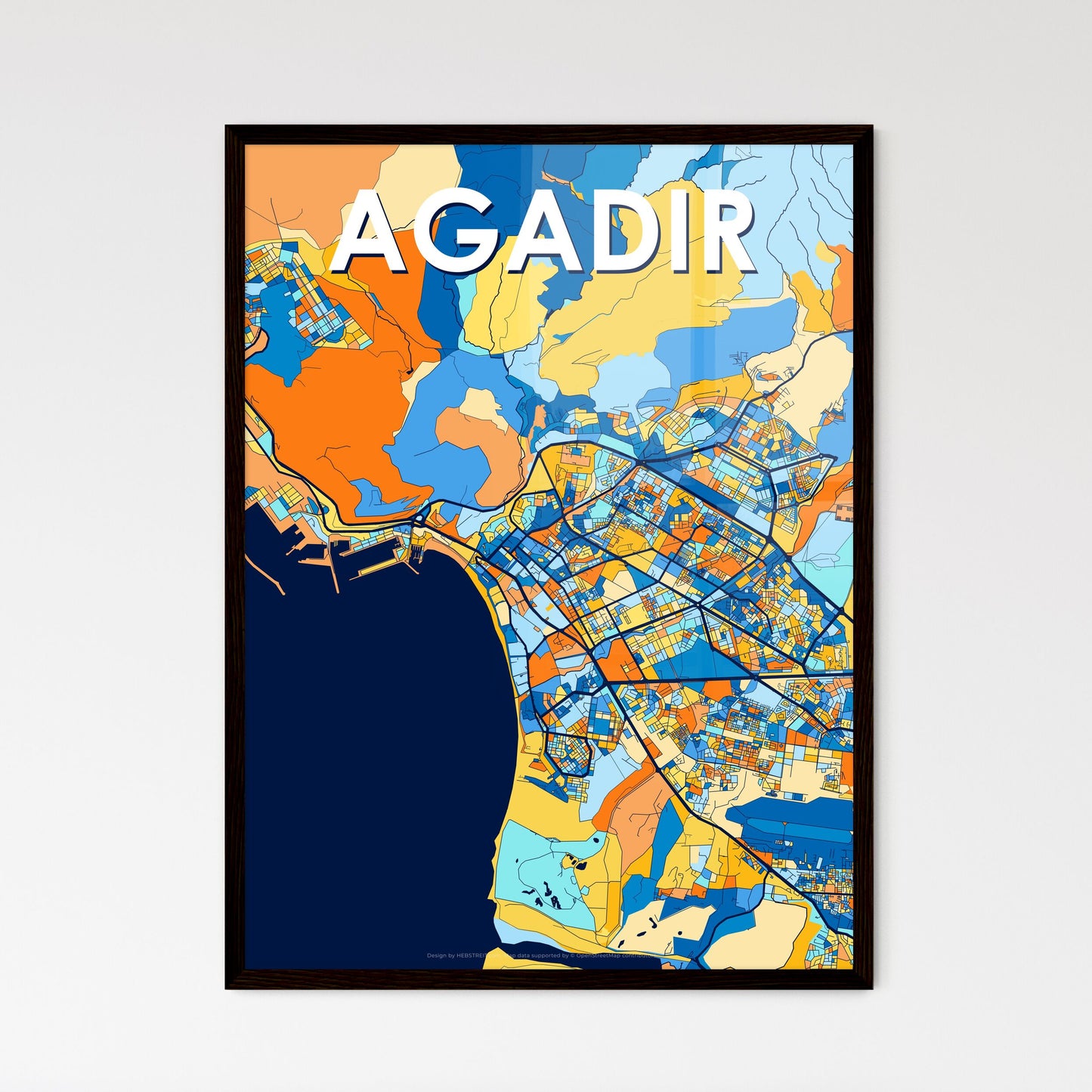 AGADIR MOROCCO Vibrant Colorful Art Map Poster Blue Orange