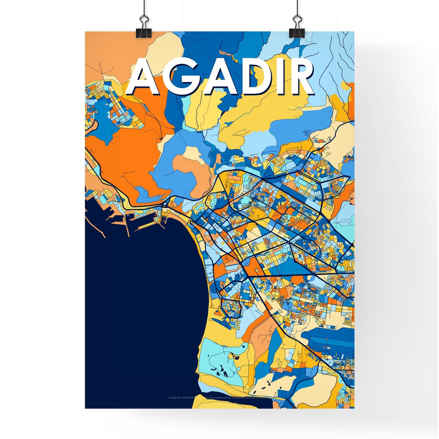 AGADIR MOROCCO Vibrant Colorful Art Map Poster Blue Orange